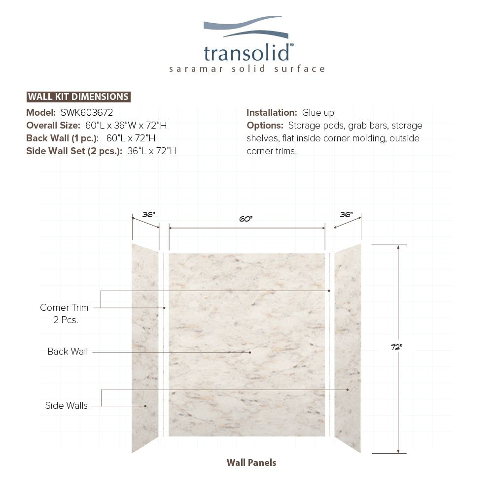 Kit de panel de ducha de tipo alcoba de 3.0 piezas de Mármol Biscotti Velvet Transolid Saramar de 36 pulgadas de ancho, 36 pulgadas de profundidad y 72 pulgadas de alto SWK603672-48V