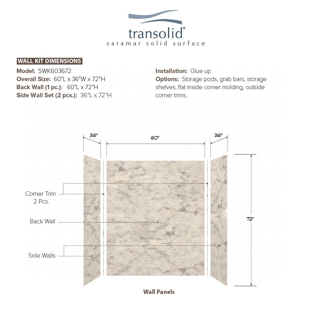 Kit de panel de ducha alcoba Transolid Saramar Velvet 36 pulgadas de ancho x 36 pulgadas de profundidad x 72 pulgadas de alto, color crema de arena Velvet 3.0 de 3 piezas para pegar SWK603672-49V