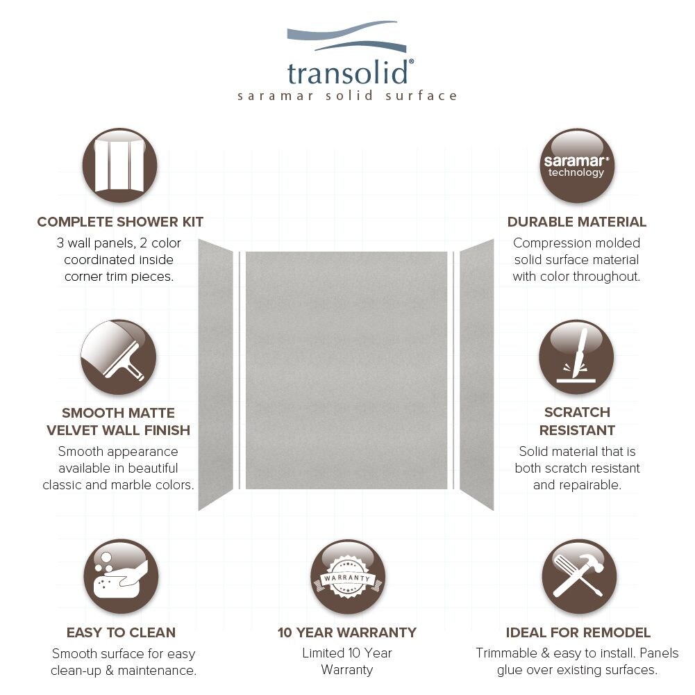 Kit de panel de ducha empotrado Alcove Transolid Saramar Velvet de 36 pulgadas de ancho x 36 pulgadas de profundidad x 72 pulgadas de altura en gris Beach Velvet 3.0, modelo SWK603672-27V