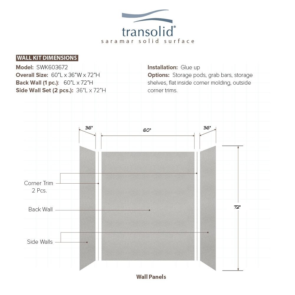 Kit de panel de ducha empotrado Alcove Transolid Saramar Velvet de 36 pulgadas de ancho x 36 pulgadas de profundidad x 72 pulgadas de altura en gris Beach Velvet 3.0, modelo SWK603672-27V