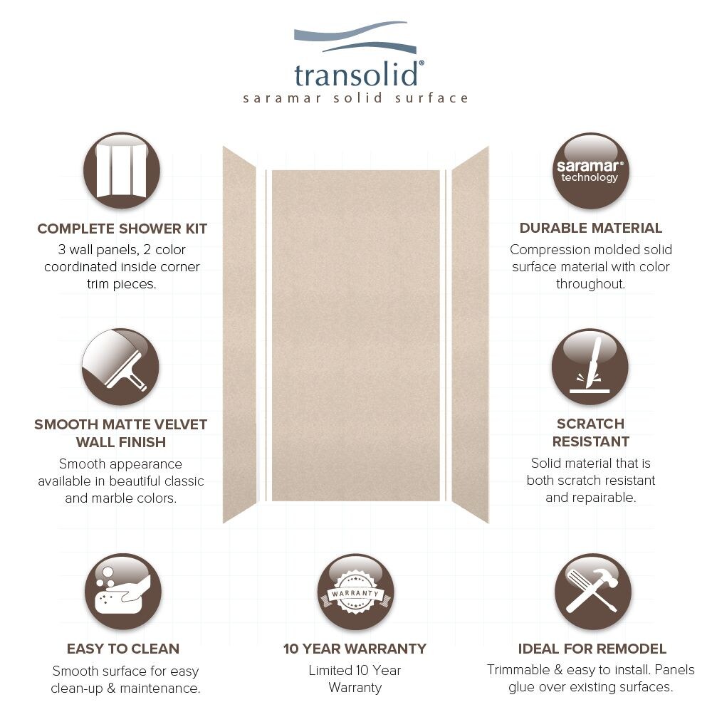 Kit de paneles para ducha encastrados de alcoba estilo Saramar Velvet de 48 pulgadas de ancho x 36 pulgadas de profundidad x 96 pulgadas de altura en tono Crema de Caja de Dinero 3.0 de Transolid