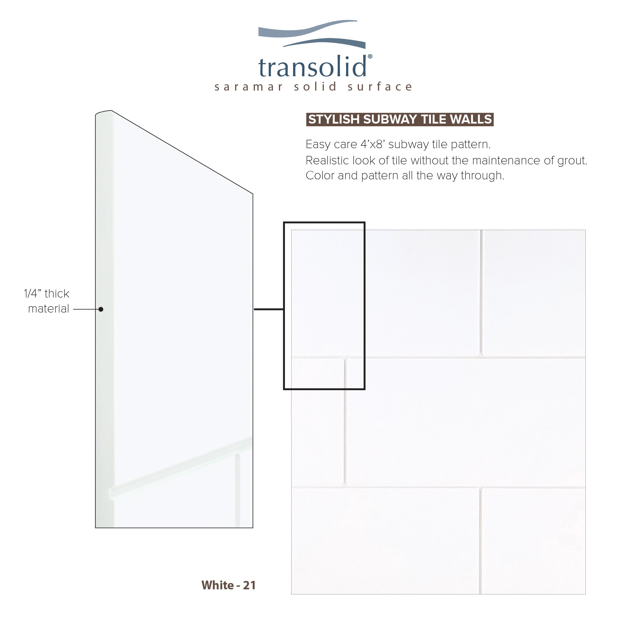 Kit de panel de ducha de alcoba Transolid Saramar Velvet de 36 pulgadas de ancho, 36 pulgadas de profundidad y 96 pulgadas de alto en color blanco de 3 piezas, instalación con pegamento.