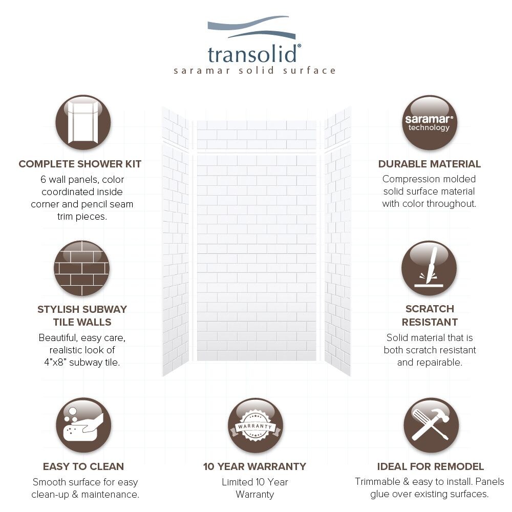 Kit de panel de ducha de alcoba Transolid Saramar Velvet de 36 pulgadas de ancho, 36 pulgadas de profundidad y 96 pulgadas de alto en color blanco de 3 piezas, instalación con pegamento.