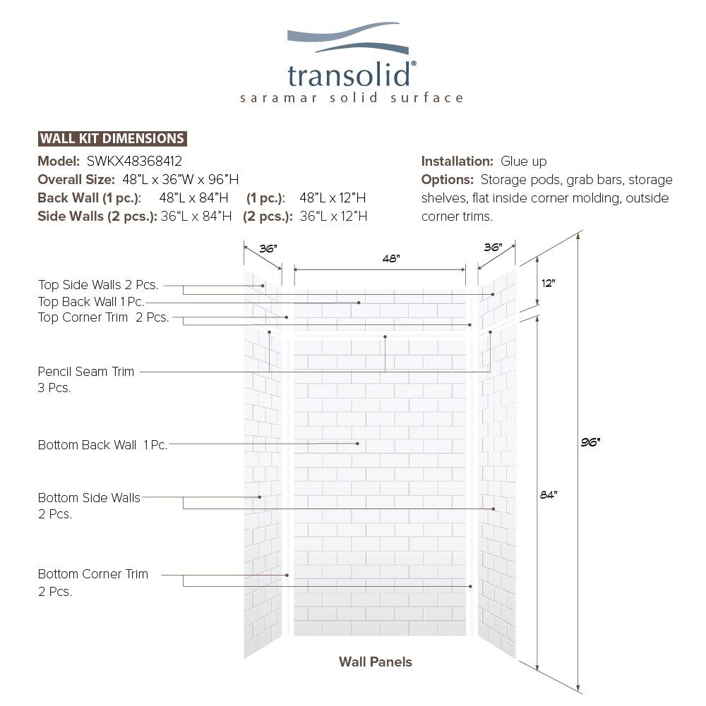 Kit de panel de ducha de alcoba Transolid Saramar Velvet de 36 pulgadas de ancho, 36 pulgadas de profundidad y 96 pulgadas de alto en color blanco de 3 piezas, instalación con pegamento.