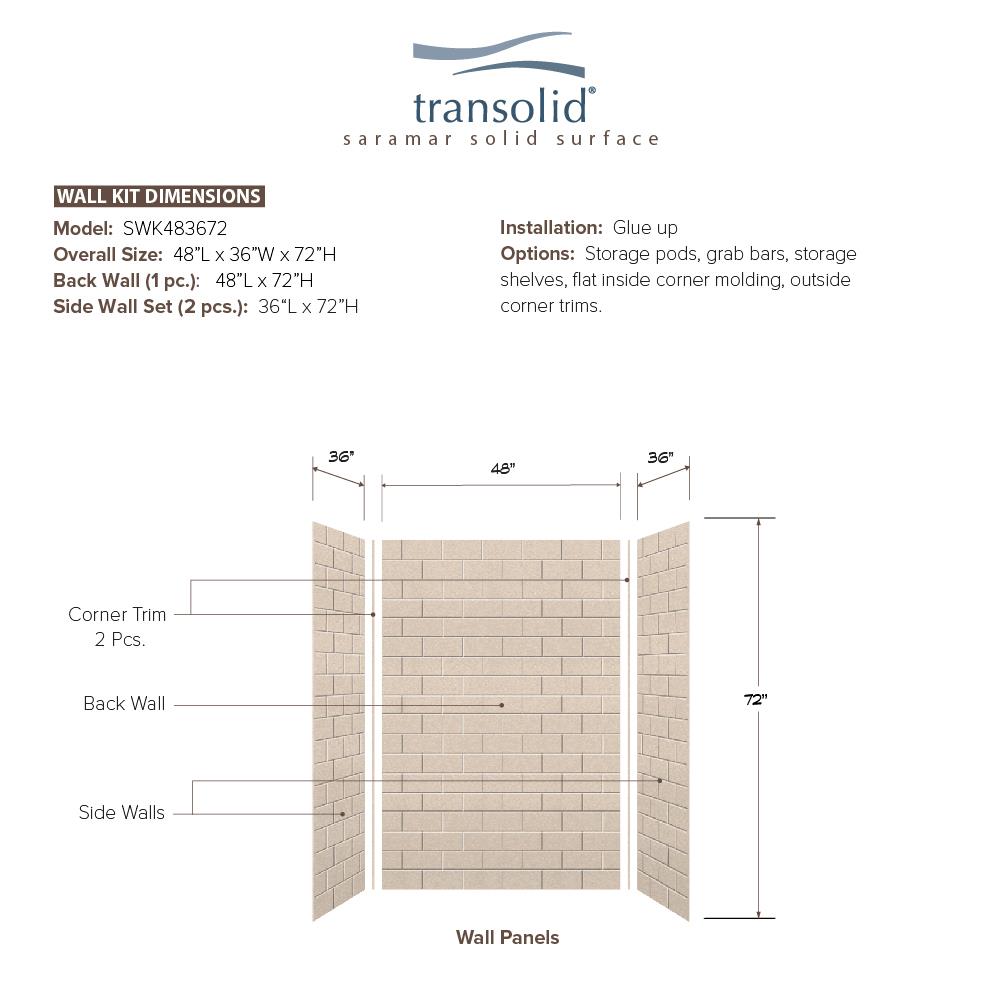 Kit de panel de ducha encastrado de albaricoque Transolid SaraMar de 3.0 piezas de 48 pulgadas de ancho x 36 pulgadas de profundidad x 72 pulgadas de altura SWK483672-28.