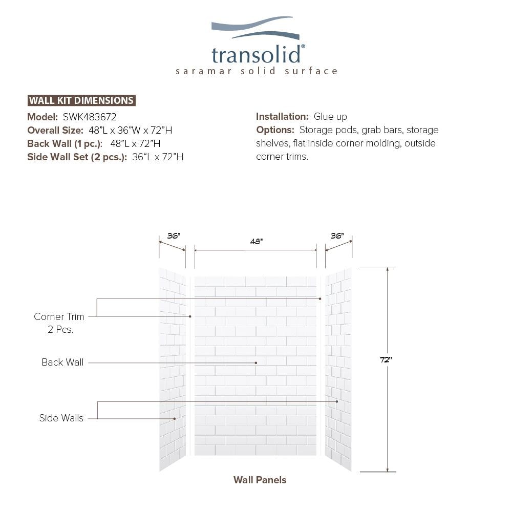 Kit de panel de ducha de alcoba de 3 piezas Transolid SaraMar blanco de 48 pulgadas de ancho x 36 pulgadas de profundidad x 72 pulgadas de altura