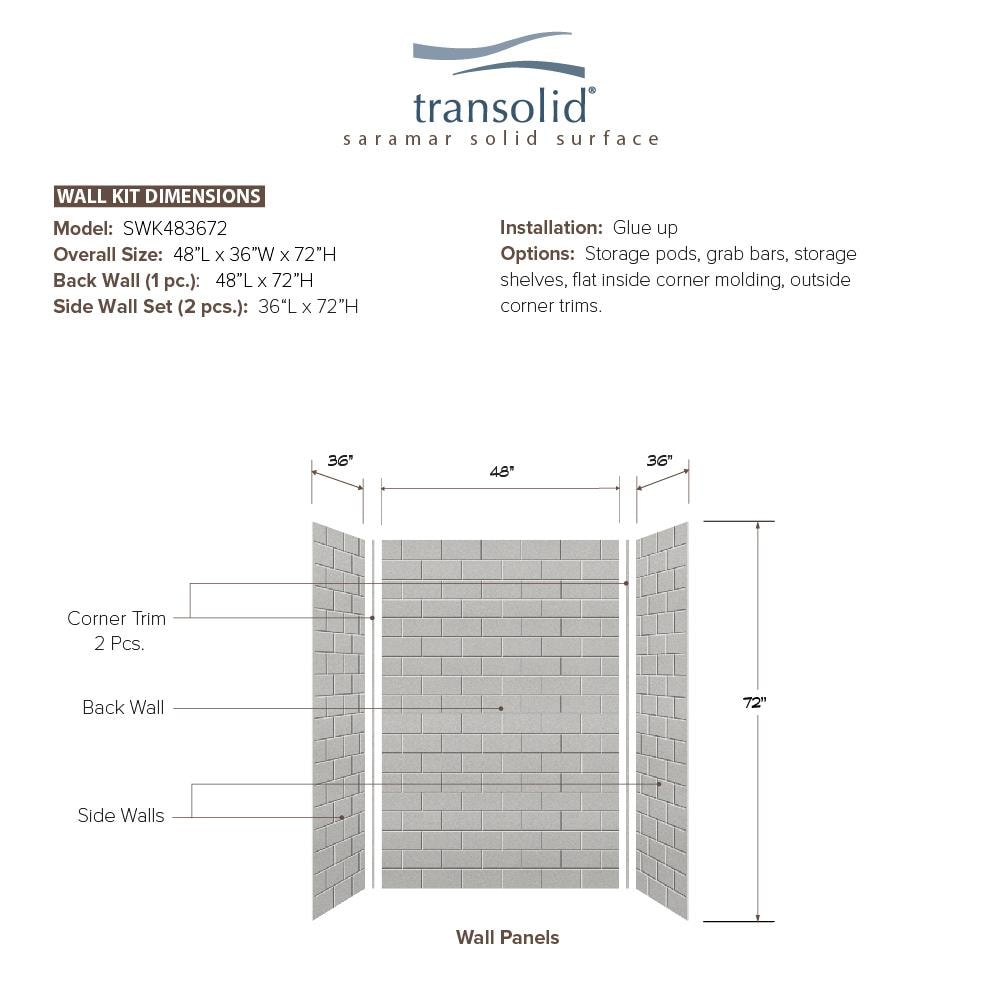Juego de Panel de Ducha Alcove Transolid SaraMar de 3.0 Piezas en Gris Beach de 48 pulgadas de Ancho x 36 pulgadas de Profundidad x 72 pulgadas de Altura SWK483672-27