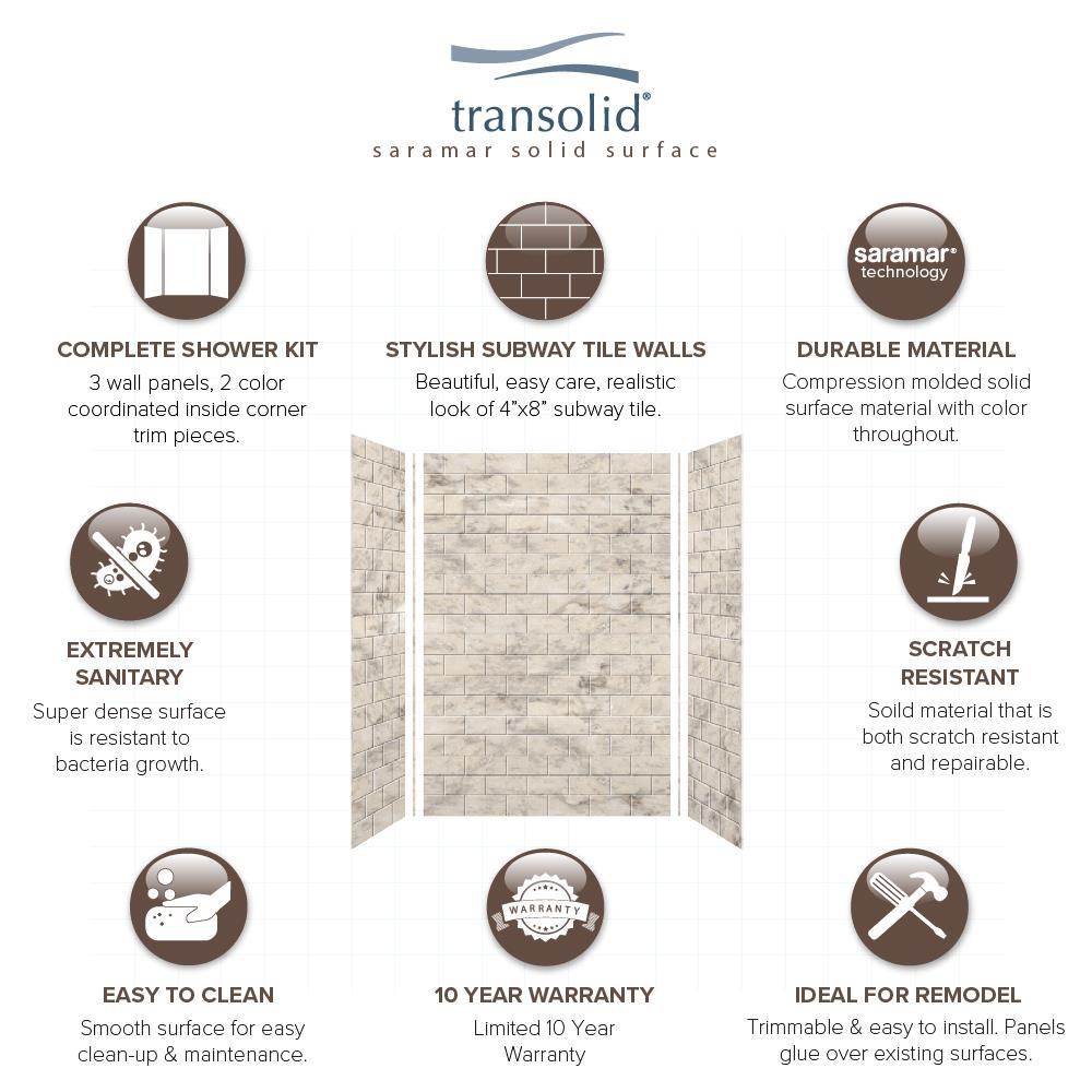 Kit de panel de ducha encastrado en albañilería de 3.0 piezas de Transolid SaraMar de 48 pulgadas de ancho x 36 pulgadas de profundidad x 72 pulgadas de altura en crema de arena SWK483672-49.