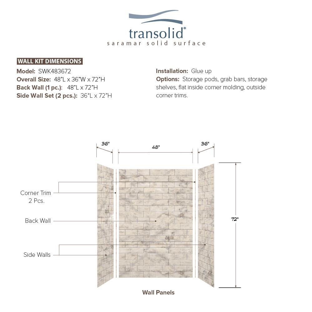 Kit de panel de ducha encastrado en albañilería de 3.0 piezas de Transolid SaraMar de 48 pulgadas de ancho x 36 pulgadas de profundidad x 72 pulgadas de altura en crema de arena SWK483672-49.