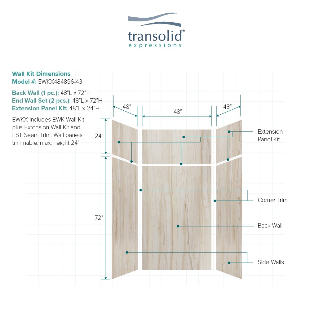 Kit de paneles de ducha alcobas Sorento 3.0 de 48 pulgadas de ancho x 48 pulgadas de profundidad x 96.0 pulgadas de alto de Transolid Expressions EWKX484896-43