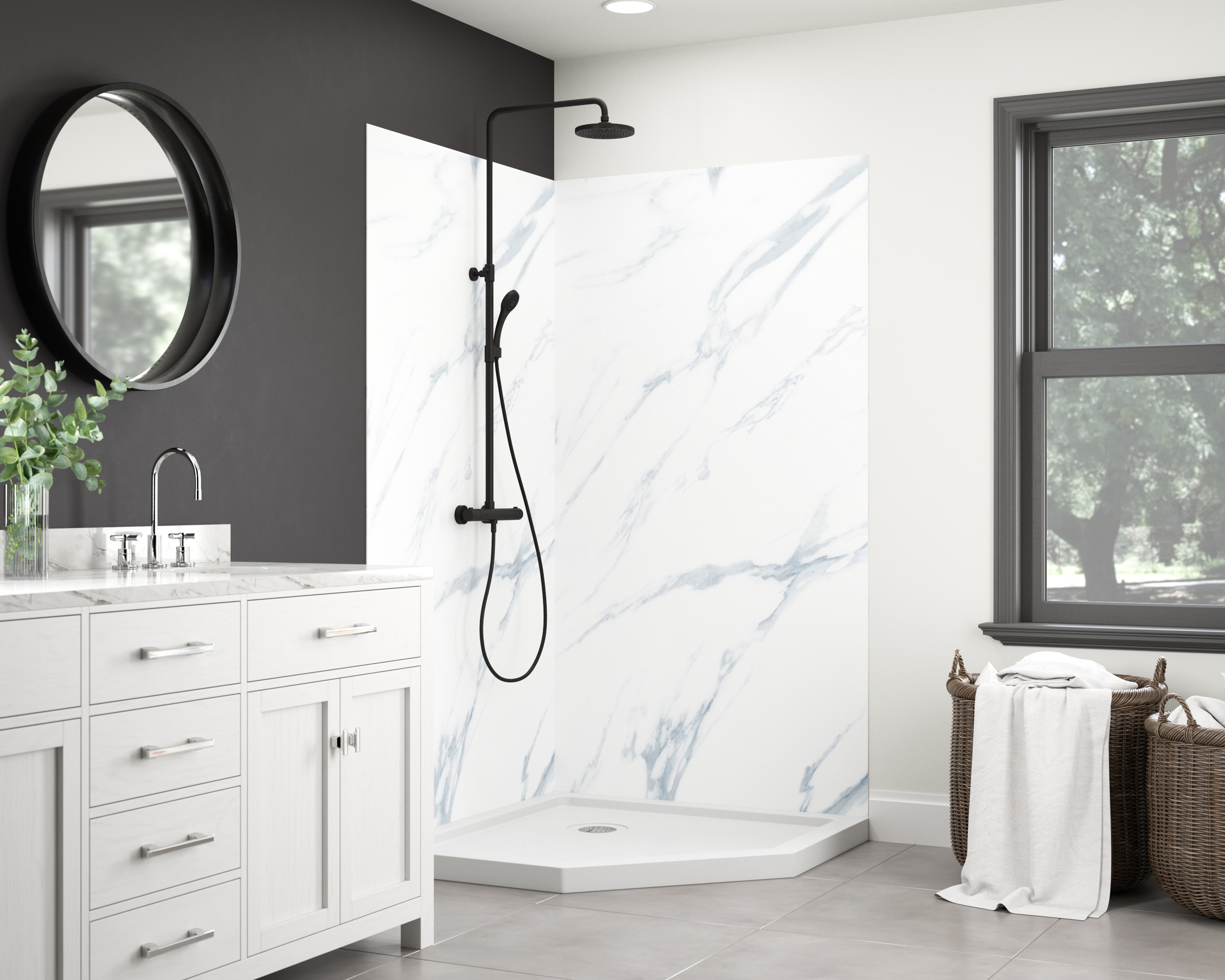 Panel de pared para esquina de ducha de 42 pulgadas de ancho x 42 pulgadas de profundidad x 78 pulgadas de alto en blanco Carrara 2.0 de Jetcoat CRAFT + MAIN - Pieza de pegado GFS424278-CW
