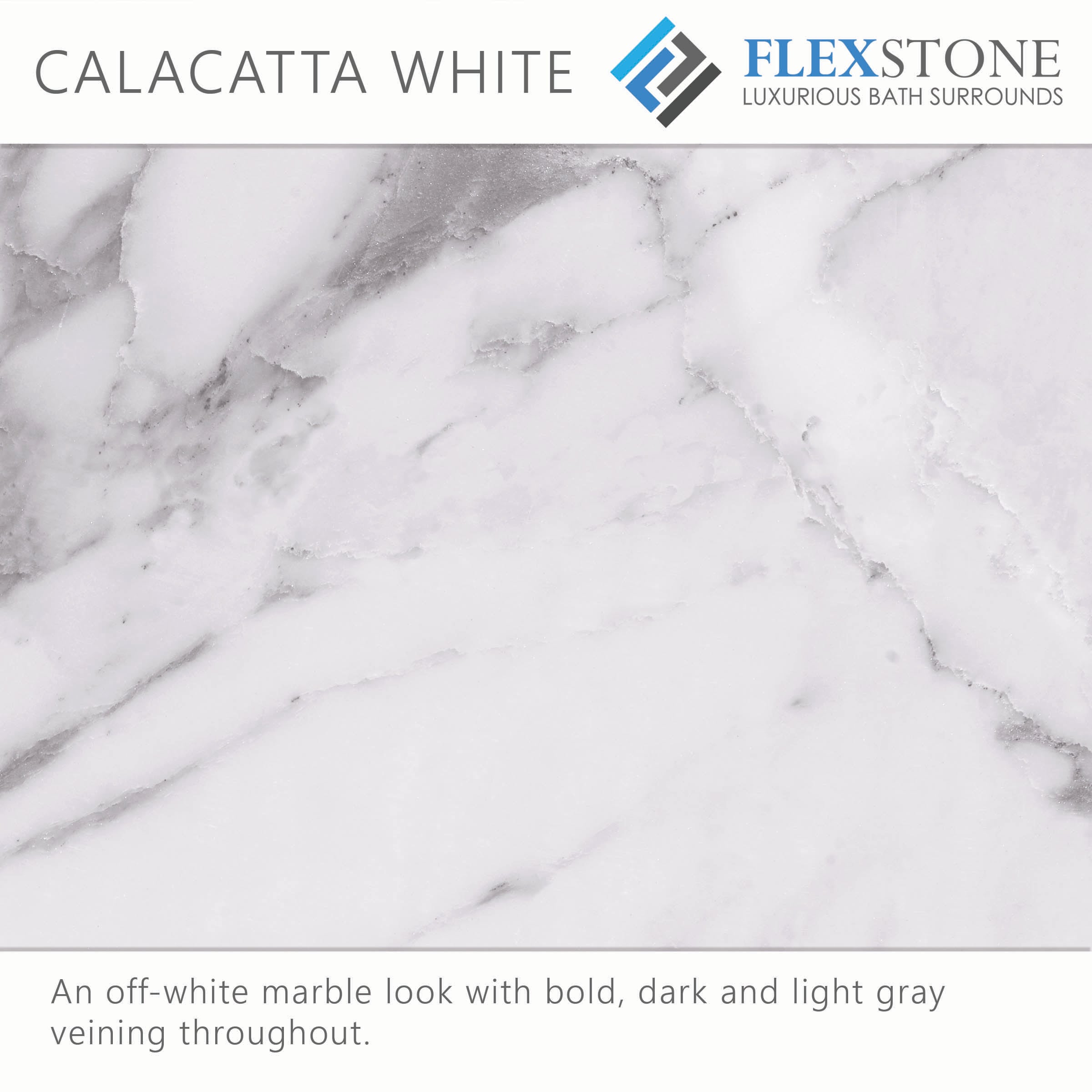 Recubrimiento de pared para regadera en alcoba FlexStone Royale en color Calacatta Blanco de 60 pulgadas de ancho x 36 pulgadas de profundidad x 80 pulgadas de alto, 3 piezas.