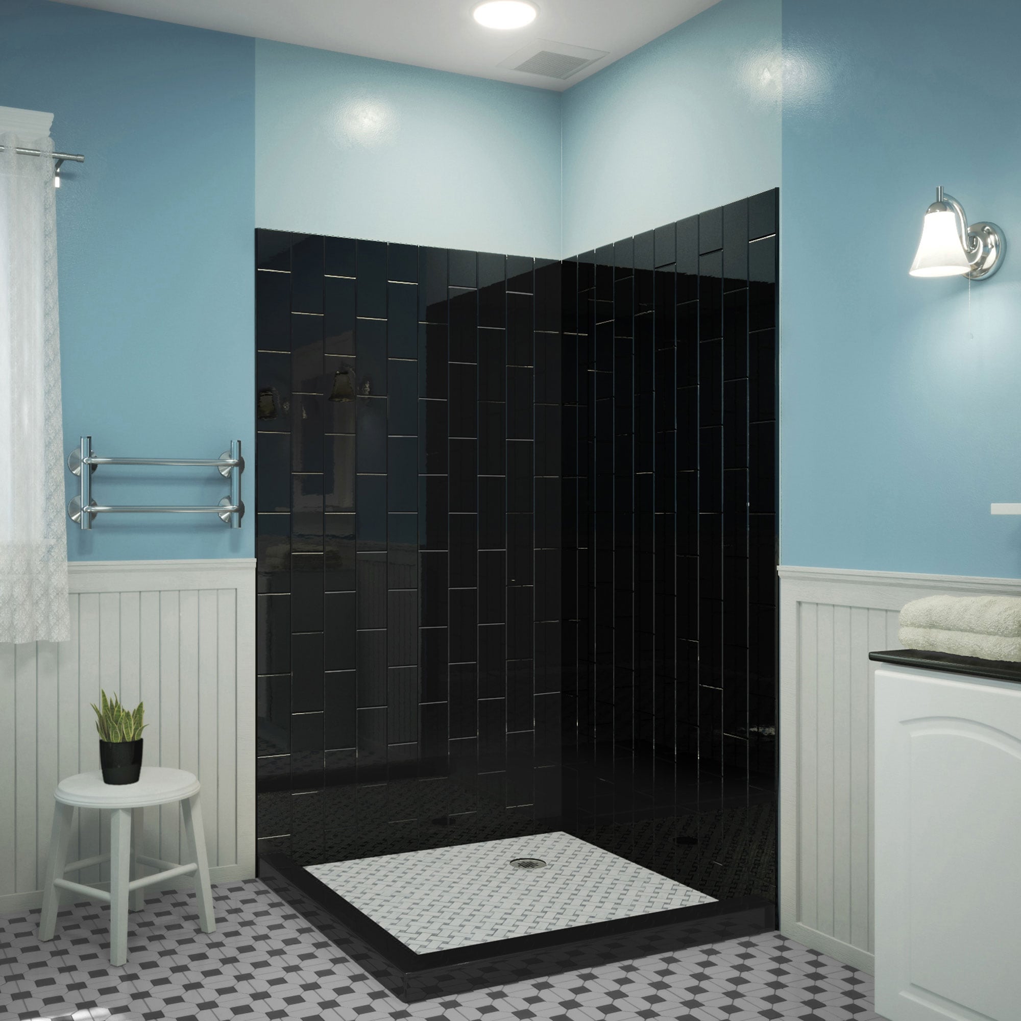 Panel de pared de esquina para ducha de 2 piezas en color negro, para pegar. Medidas 42 pulgadas de ancho x 42 pulgadas de profundidad x 76 pulgadas de altura.