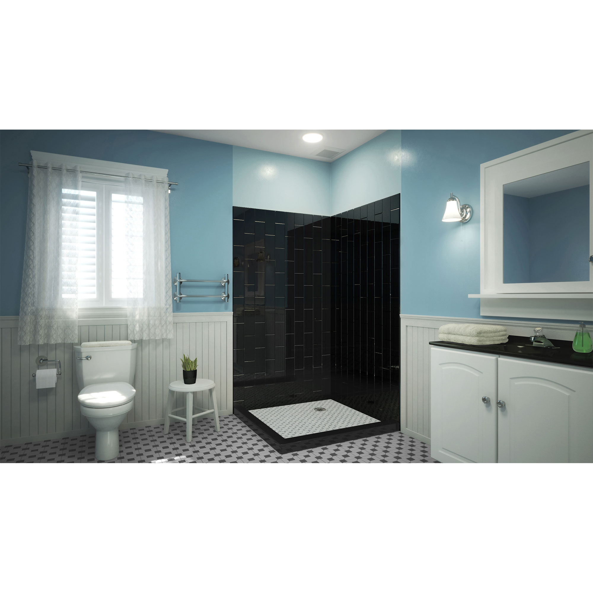 Panel de pared de esquina para ducha de 2 piezas en color negro, para pegar. Medidas 42 pulgadas de ancho x 42 pulgadas de profundidad x 76 pulgadas de altura.