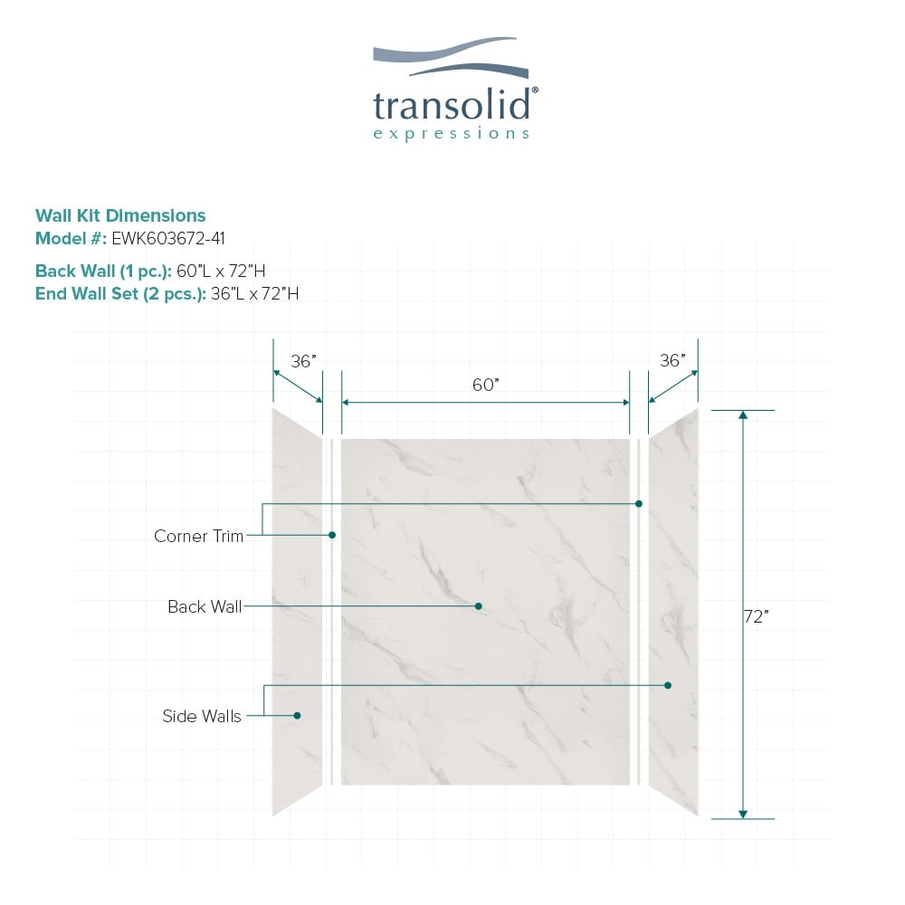 Kit de panel de ducha empotrable Bianca 3.0 de Transolid Expressions de 60 pulgadas de ancho x 36 pulgadas de profundidad x 72.0 pulgadas de altura EWK603672-41.