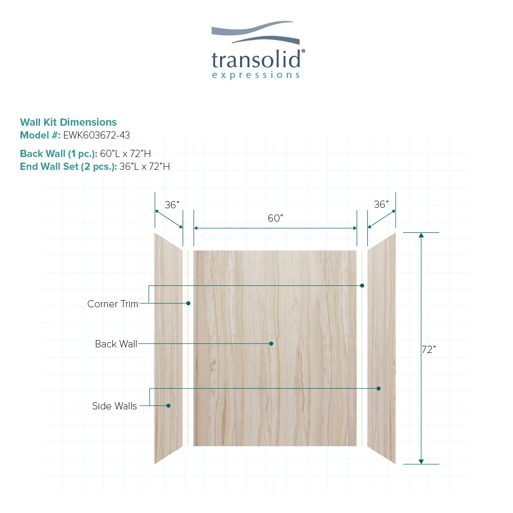 Kit de panel de ducha de alcoba Sorento 3.0 de 60 pulg. W x 36 pulg. D x 72.0 pulg. H de Transolid Expressions, encaje con pegamento de 3 piezas EWK603672-43.