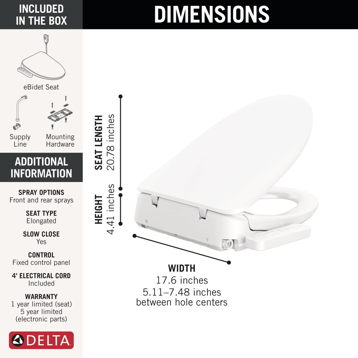 Asiento de Bidet Alargado con Cierre Suave en Plástico Blanco Estándar Refrescante de Delta
