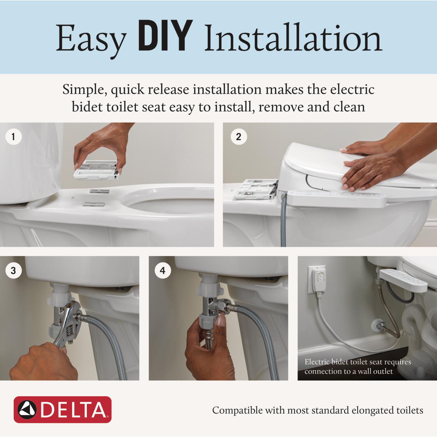 Asiento de Bidet Alargado con Cierre Suave en Plástico Blanco Estándar Refrescante de Delta