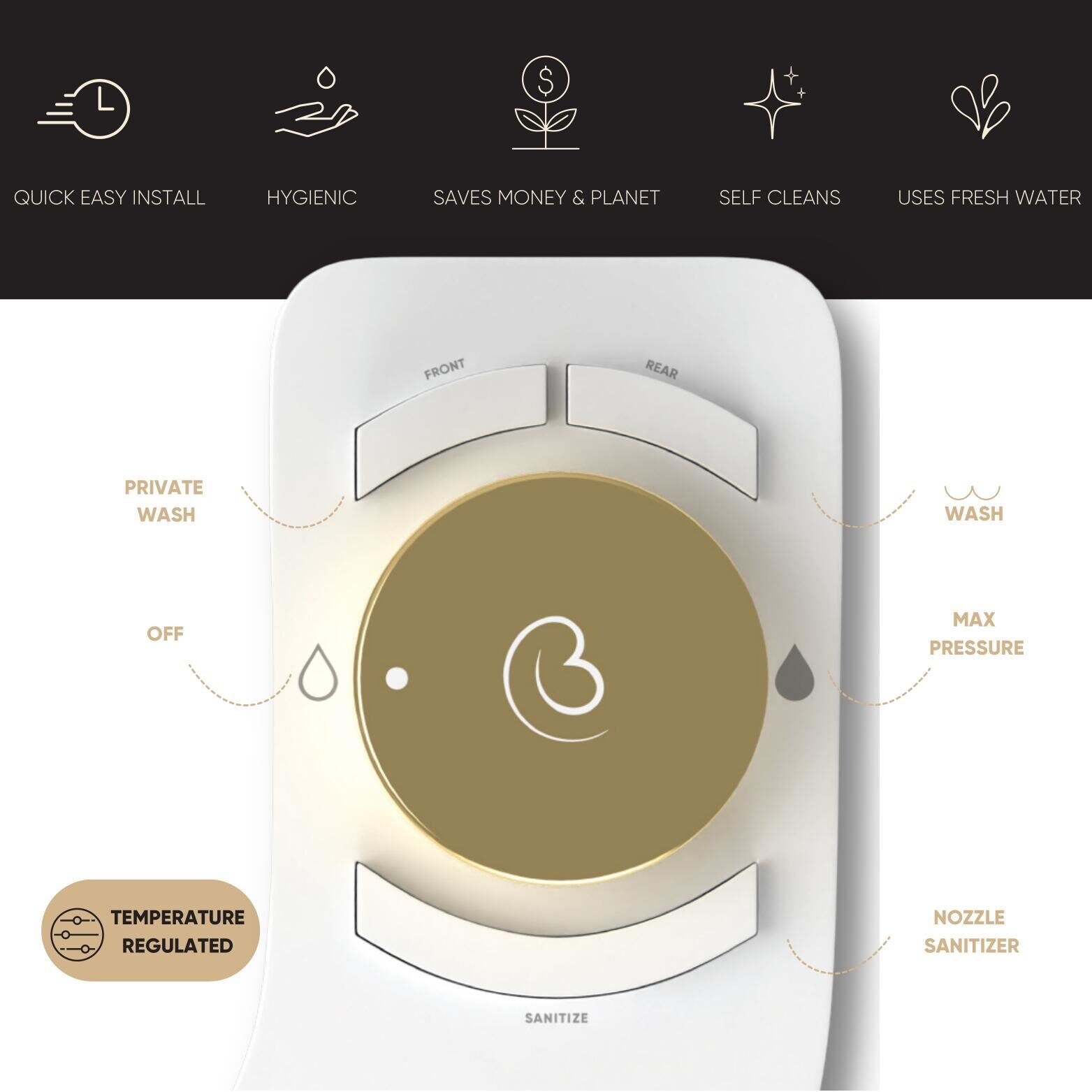 Revolution Boss Bidet - Accesorio de Bidé de Doble Boquilla sin Electricidad, con Temperatura Dual y Autolimpieza (Oro Jerusalén)
