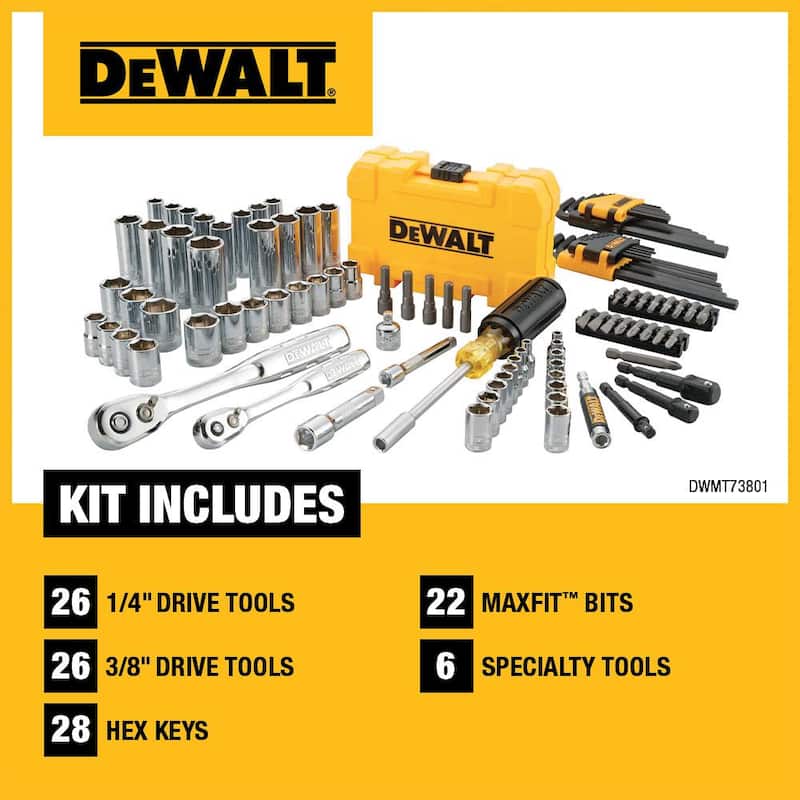 Set de herramientas mecánicas DEWALT de 1/4 pulgadas x 3/8 pulgadas de unidad de cromo pulido (108 piezas) - DWMT73801.