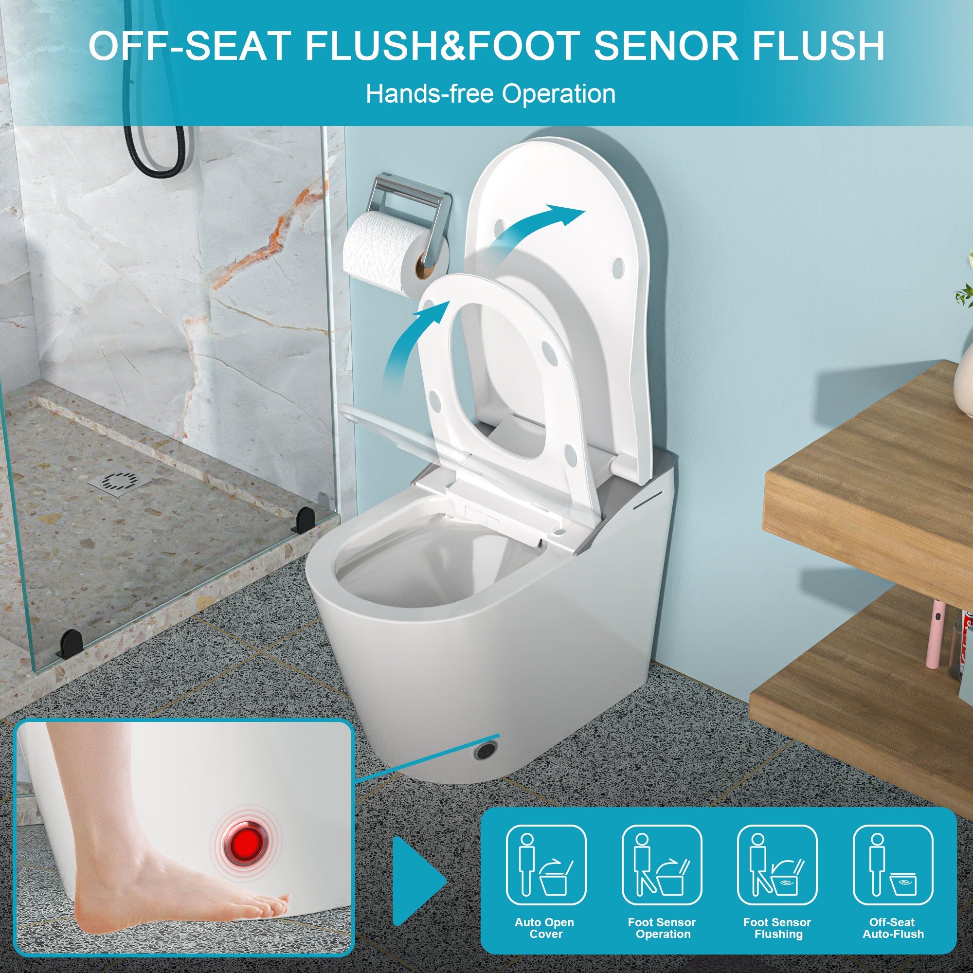 Mondawe Blanco Individual Alargado Altura Estándar Bidet Inteligente de Cierre Suave de Una Pieza con Descarga de 1.28 GPF y Sistema de Anclaje de 12 pulgadas MD-LD-03356