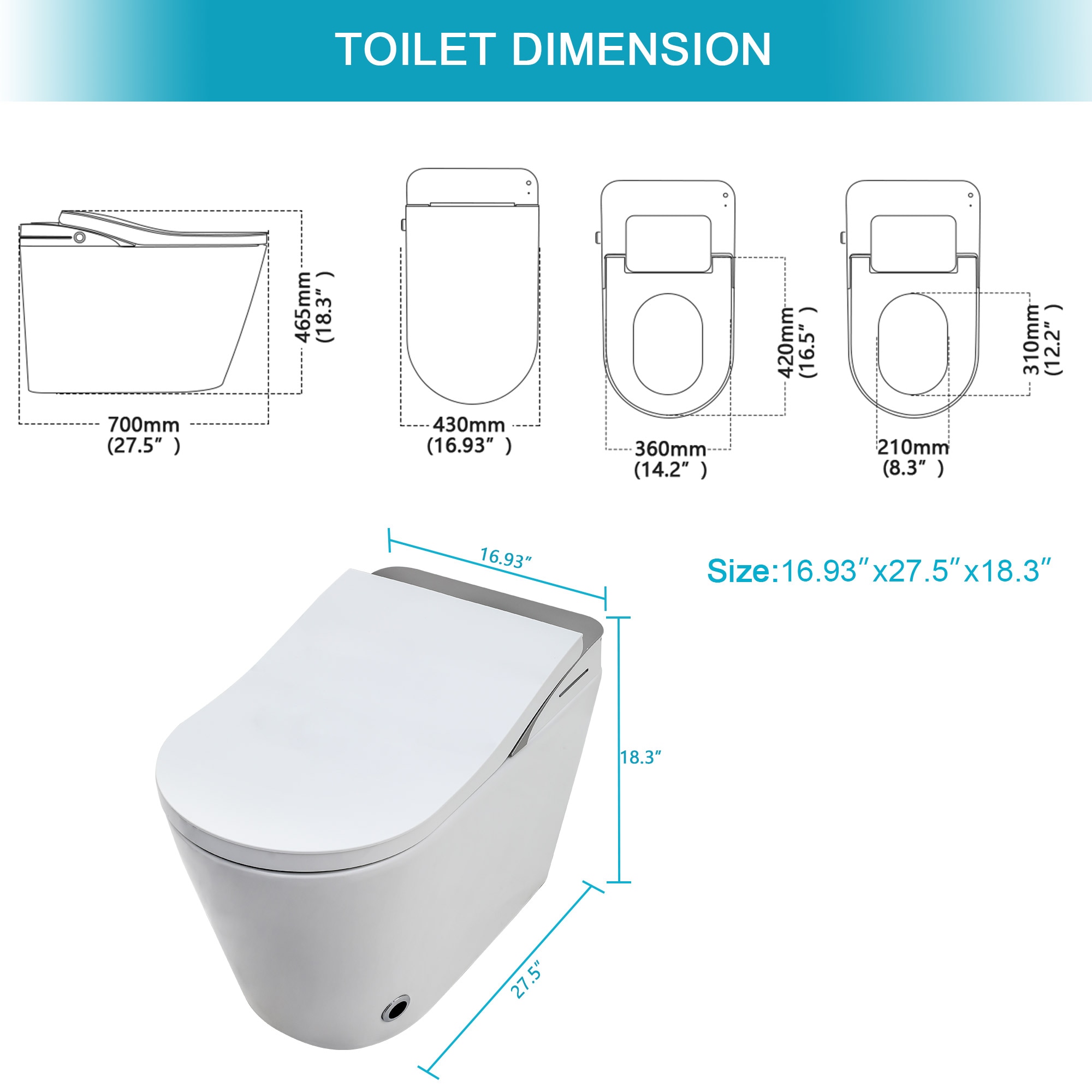 Mondawe Blanco Individual Alargado Altura Estándar Bidet Inteligente de Cierre Suave de Una Pieza con Descarga de 1.28 GPF y Sistema de Anclaje de 12 pulgadas MD-LD-03356