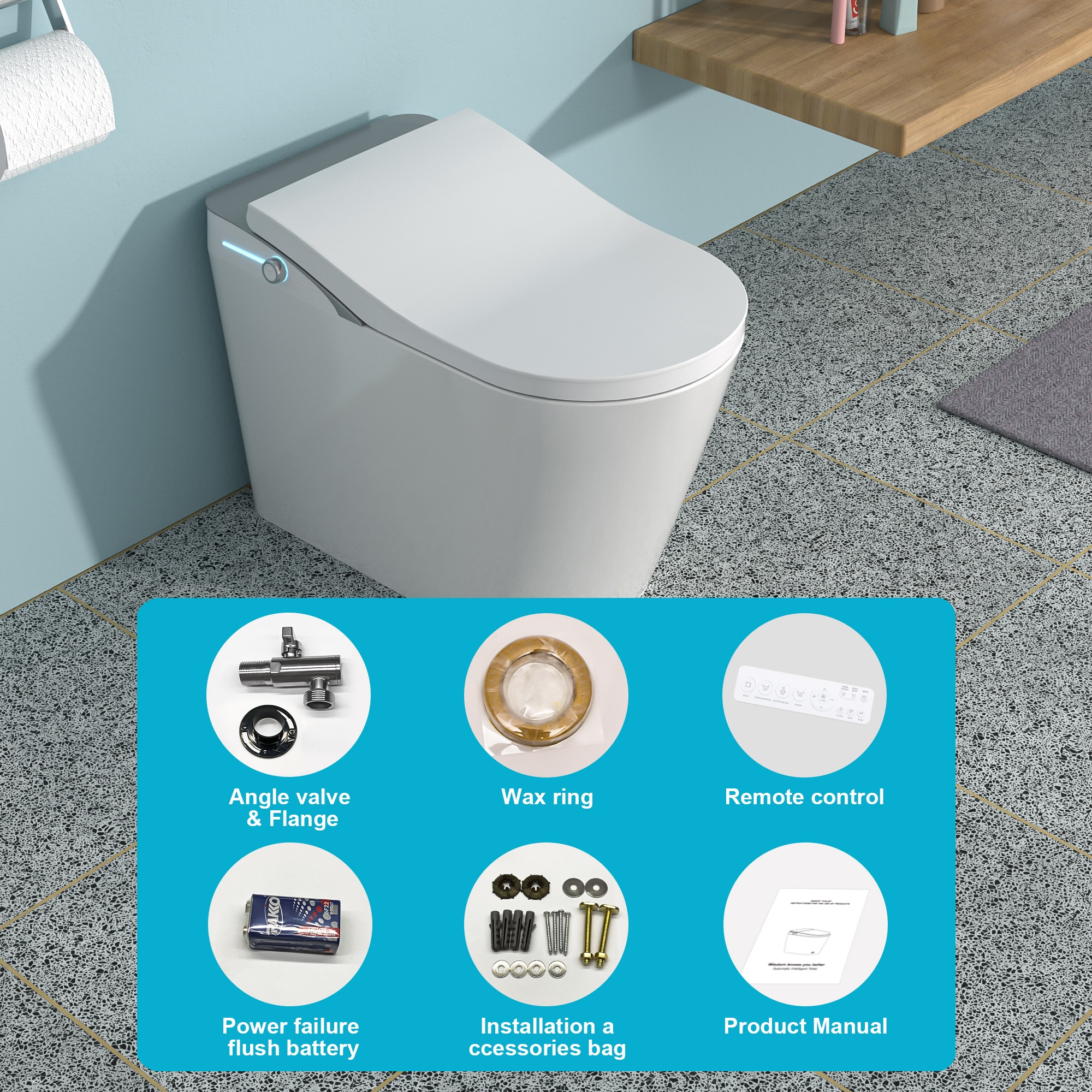 Mondawe Blanco Individual Alargado Altura Estándar Bidet Inteligente de Cierre Suave de Una Pieza con Descarga de 1.28 GPF y Sistema de Anclaje de 12 pulgadas MD-LD-03356