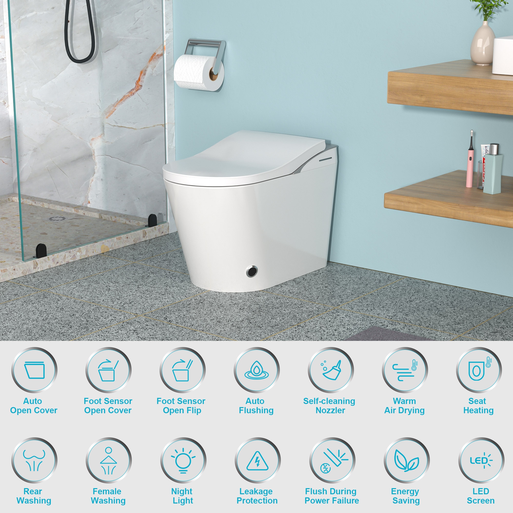 Mondawe Blanco Individual Alargado Altura Estándar Bidet Inteligente de Cierre Suave de Una Pieza con Descarga de 1.28 GPF y Sistema de Anclaje de 12 pulgadas MD-LD-03356