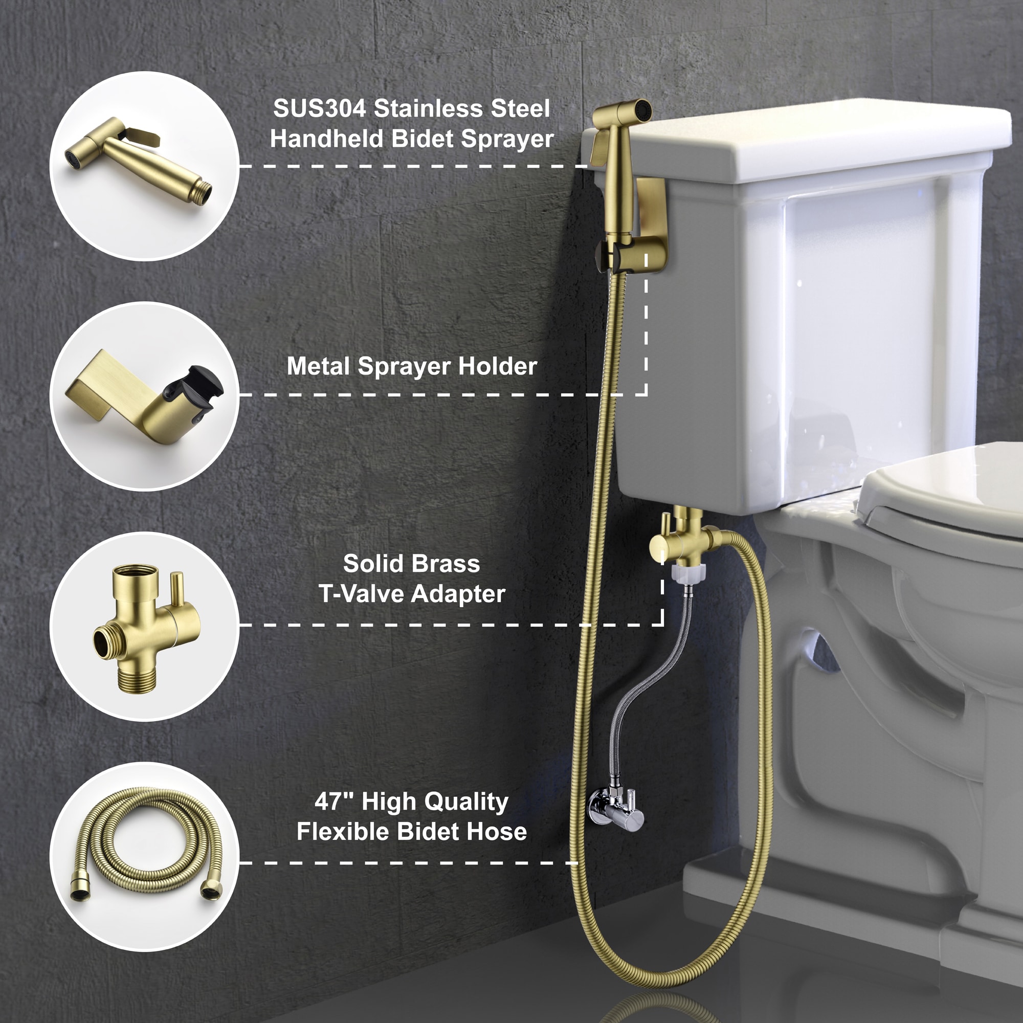 Rociador de bidet manual montado en el inodoro de color dorado cepillado CSMD-BF160-29BG de Clihome