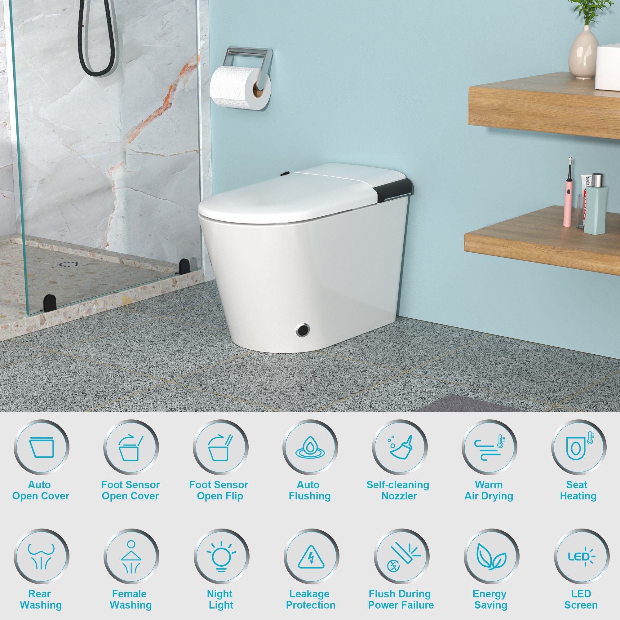 Bidet Blanco Alargado Individual con Altura Estándar Smart Soft Close de 1 pieza Mondawe 12 pulgadas de Descarga de 1.28 GPF MD-LD-03352