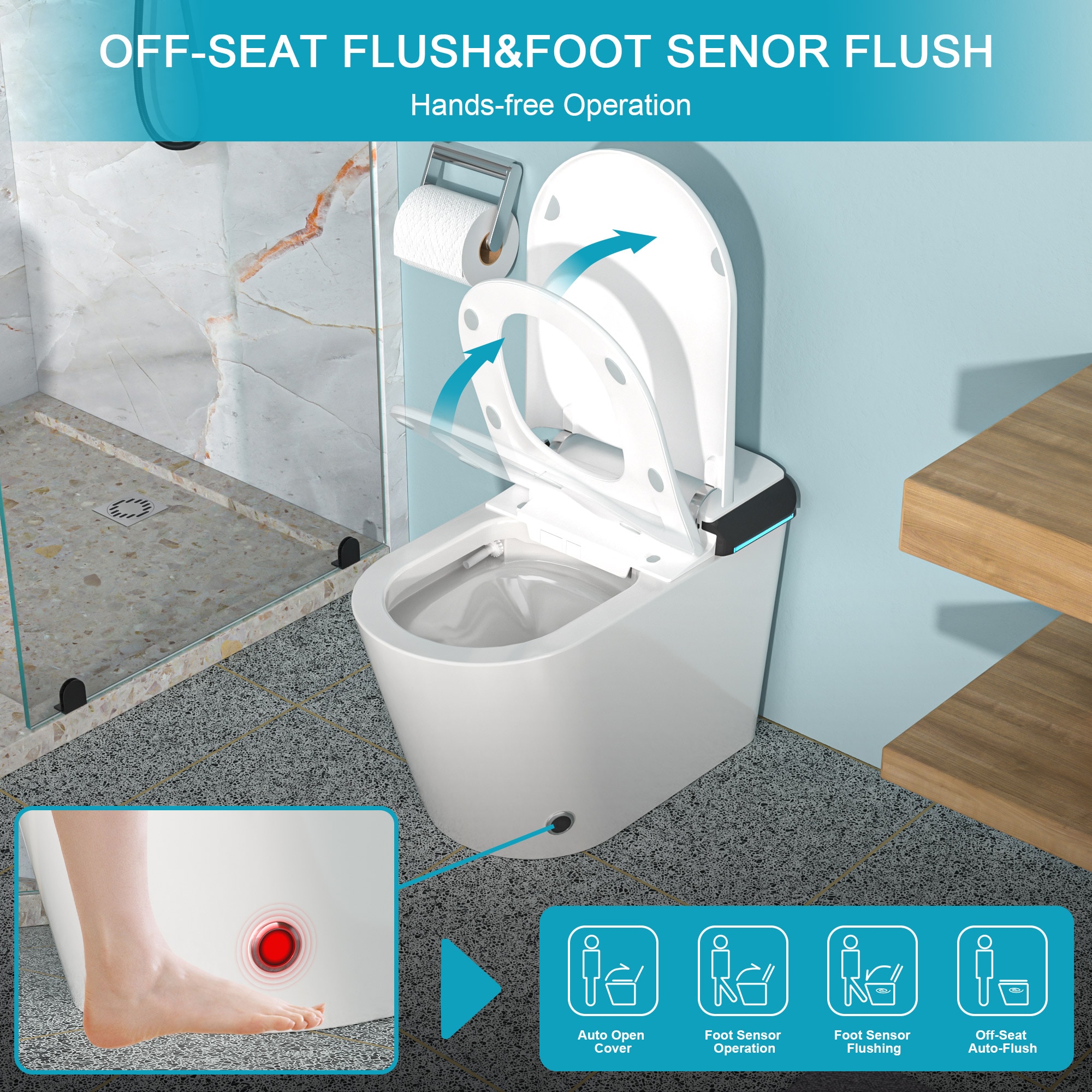 Bidet Blanco Alargado Individual con Altura Estándar Smart Soft Close de 1 pieza Mondawe 12 pulgadas de Descarga de 1.28 GPF MD-LD-03352