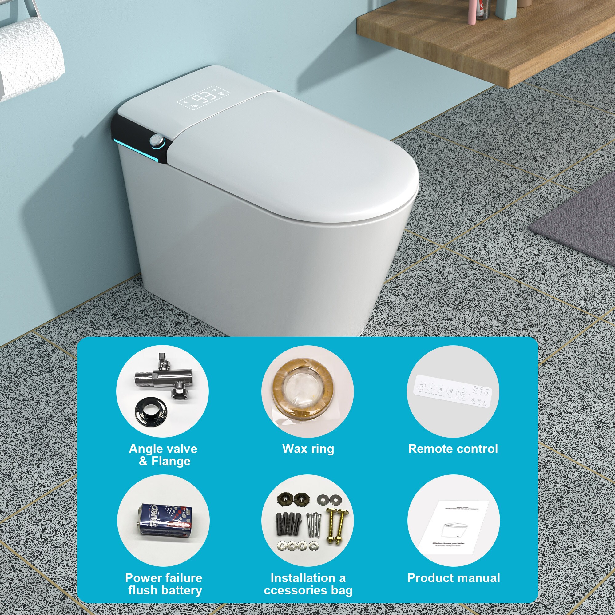 Bidet Blanco Alargado Individual con Altura Estándar Smart Soft Close de 1 pieza Mondawe 12 pulgadas de Descarga de 1.28 GPF MD-LD-03352
