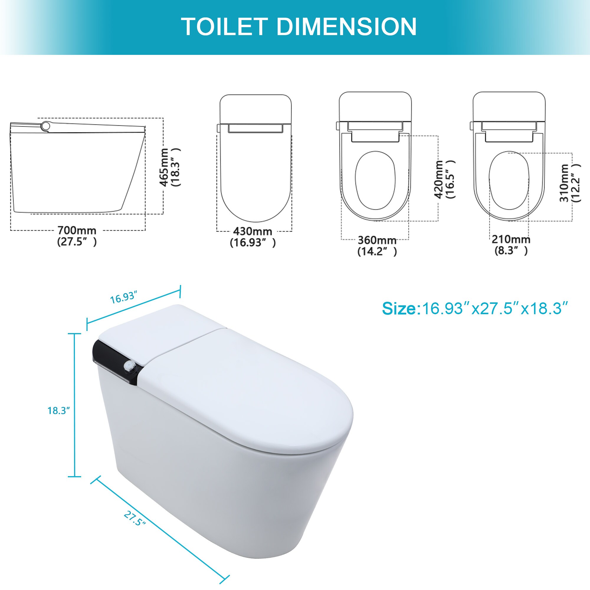 Bidet Blanco Alargado Individual con Altura Estándar Smart Soft Close de 1 pieza Mondawe 12 pulgadas de Descarga de 1.28 GPF MD-LD-03352