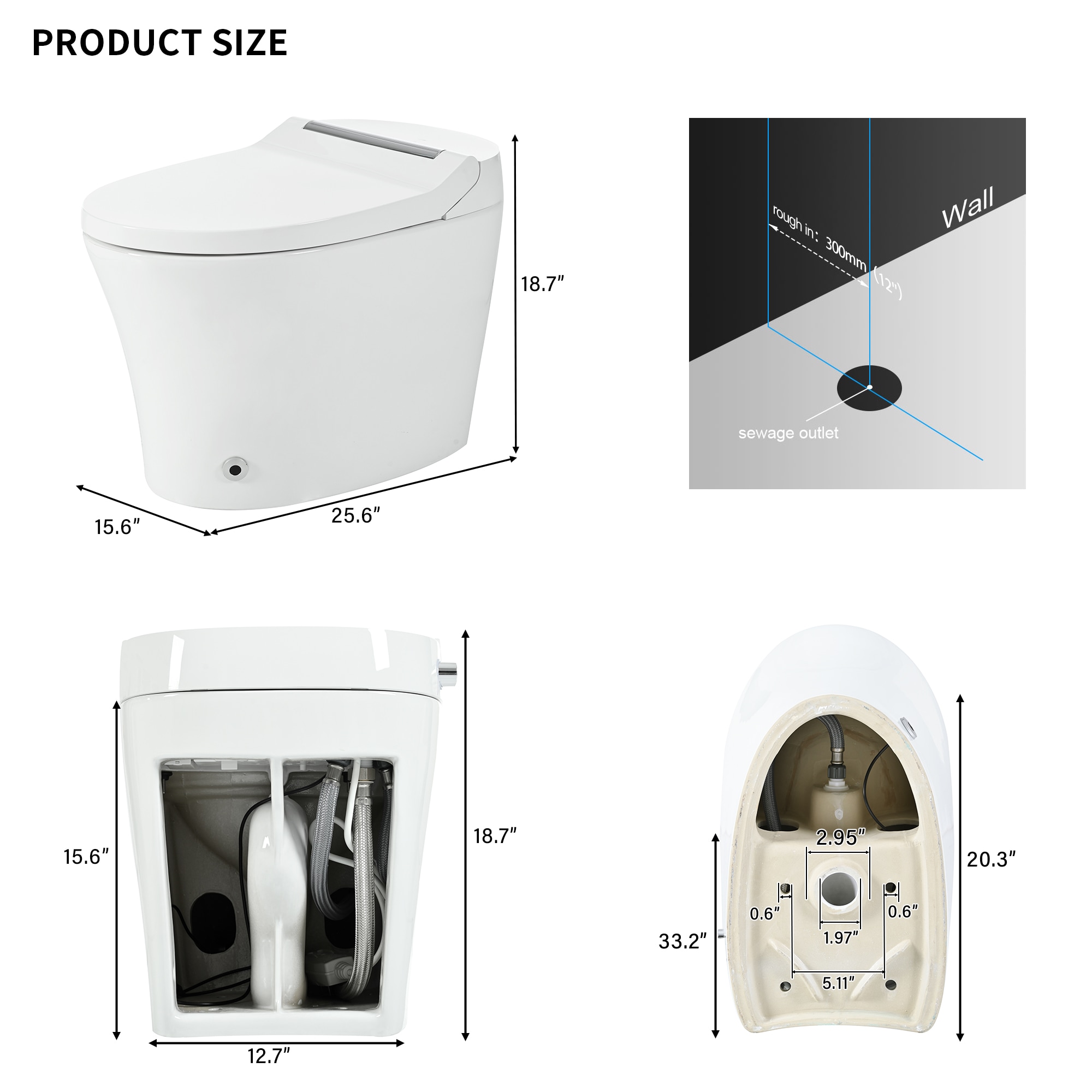 Bidet alargado de doble descarga blanco Mondawe con cierre suave y altura estándar de una sola pieza con descarga de 12 pulgadas y 1.28 GPF.