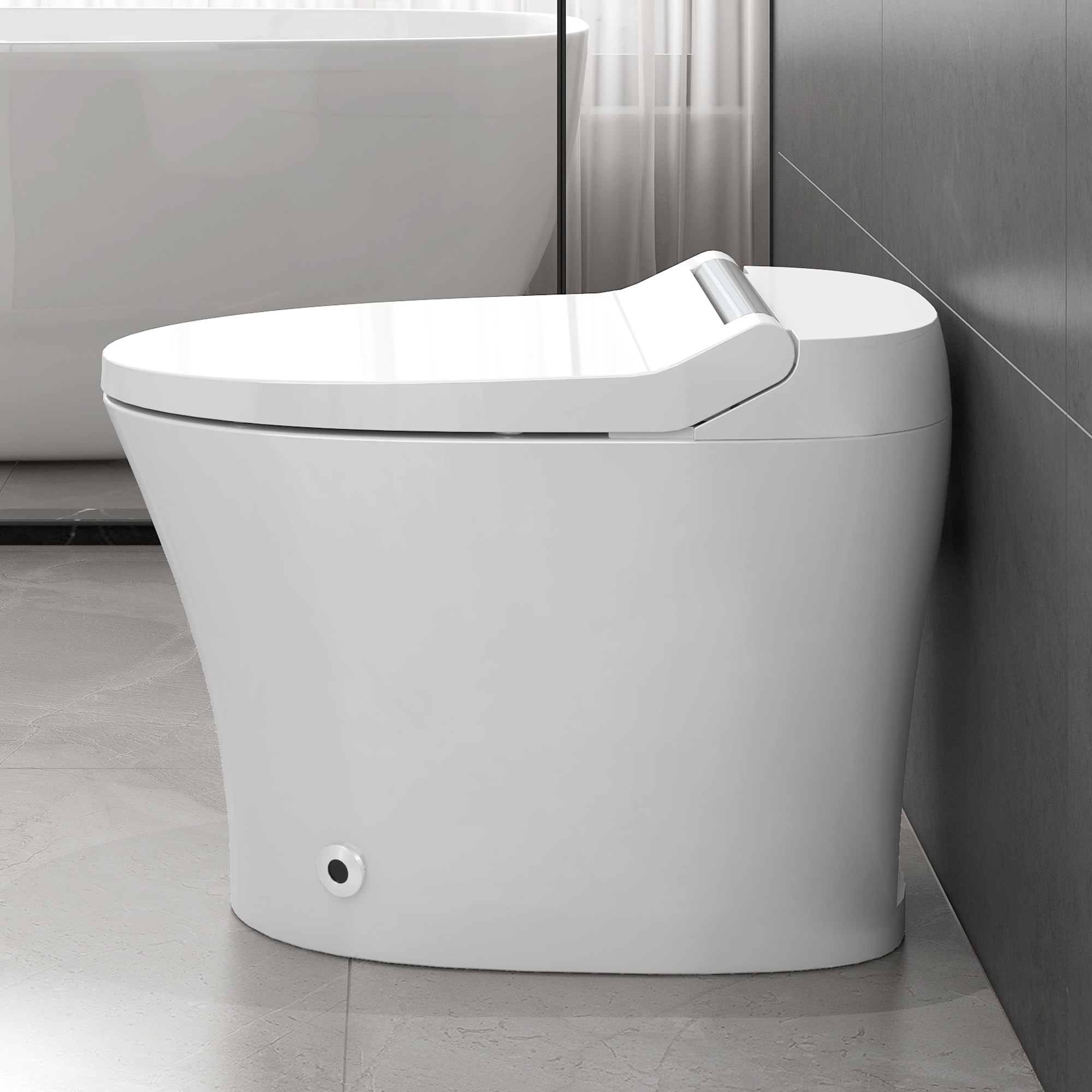 Bidet alargado de doble descarga blanco Mondawe con cierre suave y altura estándar de una sola pieza con descarga de 12 pulgadas y 1.28 GPF.