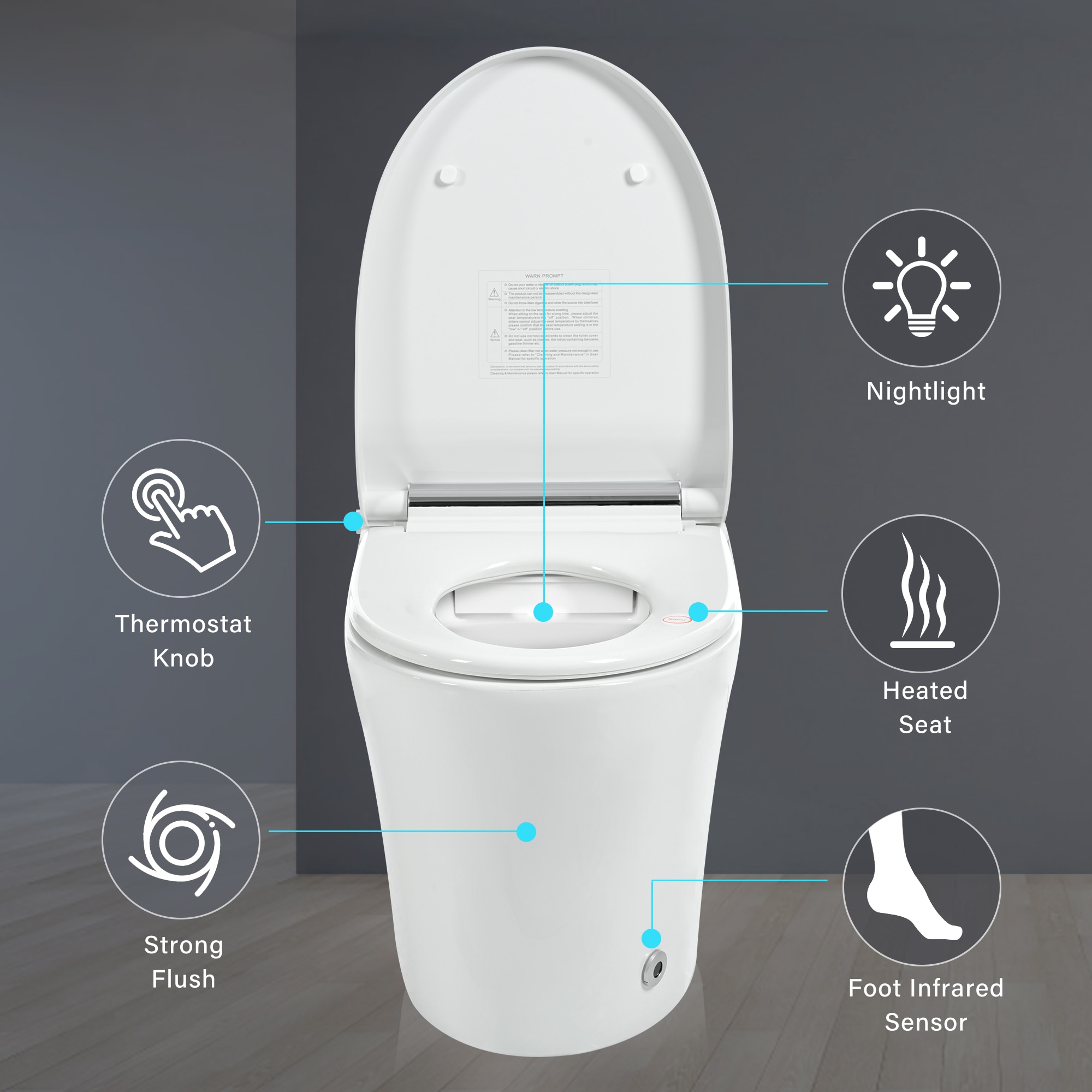 Bidet alargado de doble descarga blanco Mondawe con cierre suave y altura estándar de una sola pieza con descarga de 12 pulgadas y 1.28 GPF.