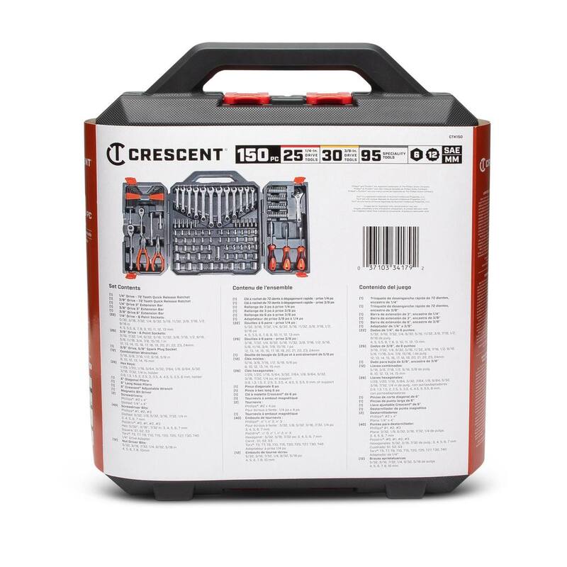 Juego de herramientas mecánicas estándar Crescent de 1/4 y 3/8 pulgadas con unidad de 6 puntos SAE/métrica y estuche (150 piezas) - CTK150