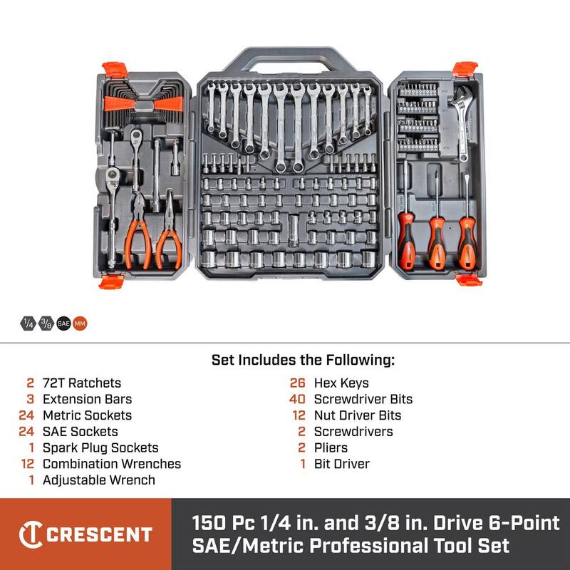 Juego de herramientas mecánicas estándar Crescent de 1/4 y 3/8 pulgadas con unidad de 6 puntos SAE/métrica y estuche (150 piezas) - CTK150