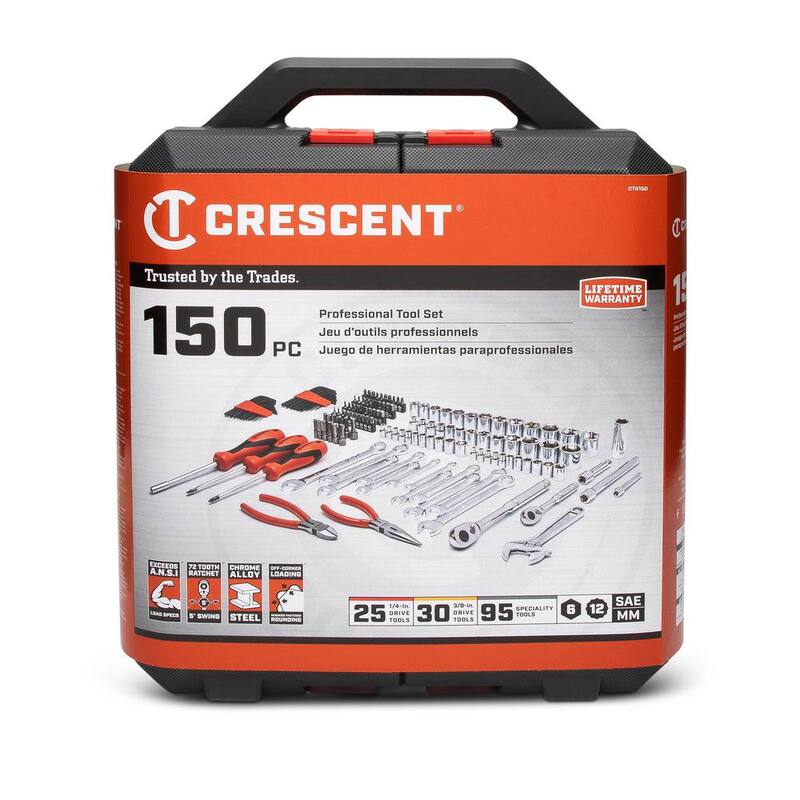 Juego de herramientas mecánicas estándar Crescent de 1/4 y 3/8 pulgadas con unidad de 6 puntos SAE/métrica y estuche (150 piezas) - CTK150