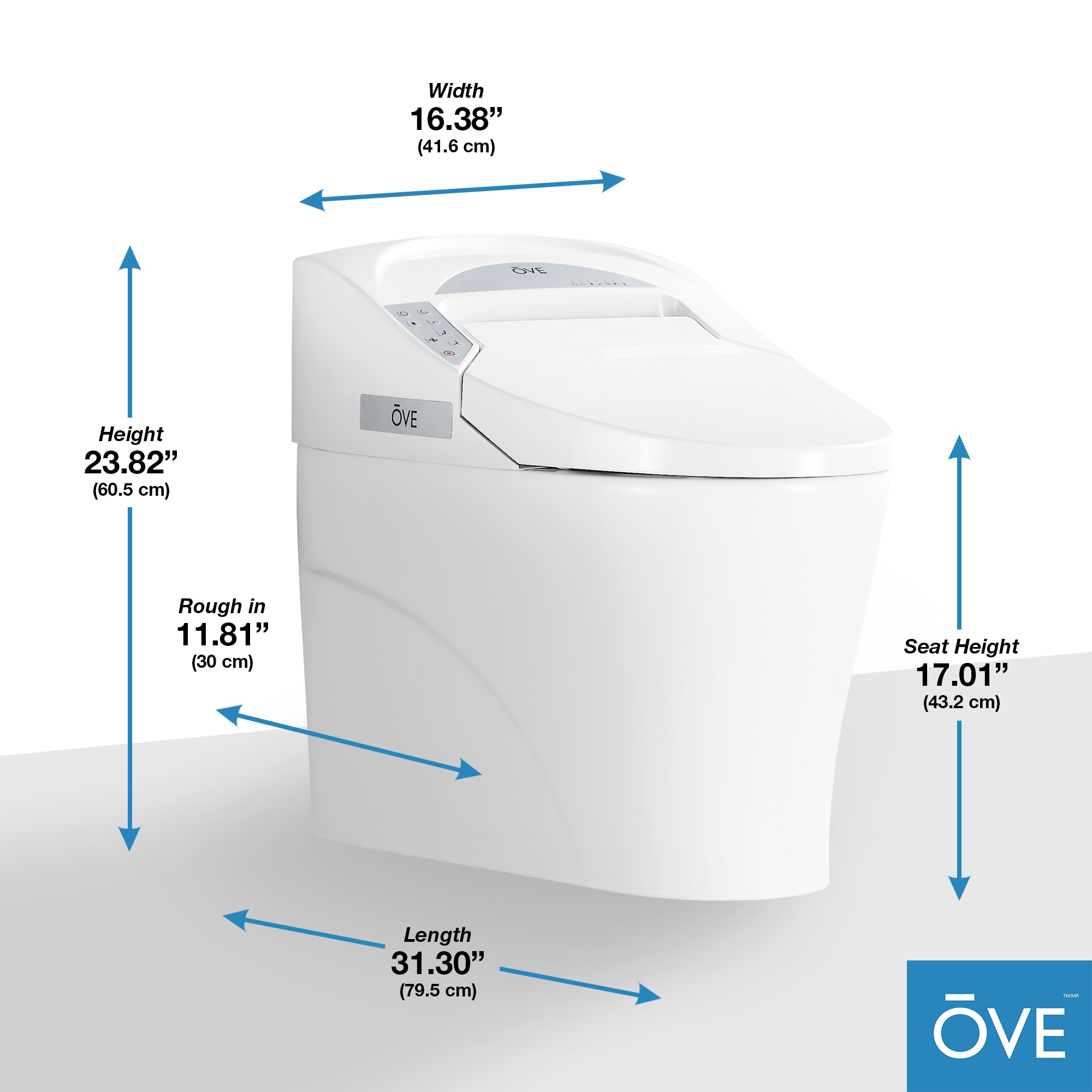Sanitario alargado individual blanco OVE Decors con cierre suave inteligente, etiquetado WaterSense de 1.28 GPF y conexión de 12 pulgadas.