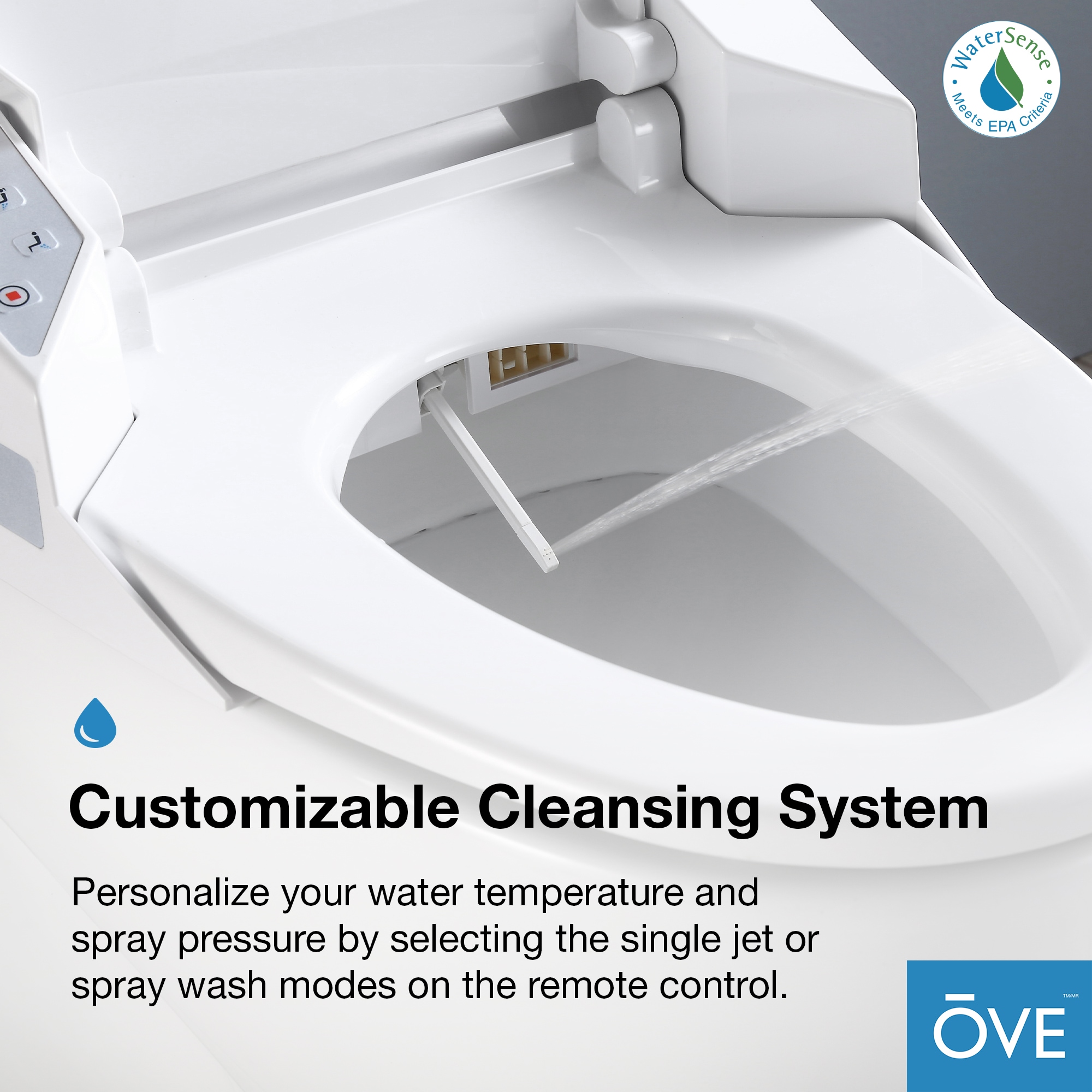 Sanitario alargado individual blanco OVE Decors con cierre suave inteligente, etiquetado WaterSense de 1.28 GPF y conexión de 12 pulgadas.