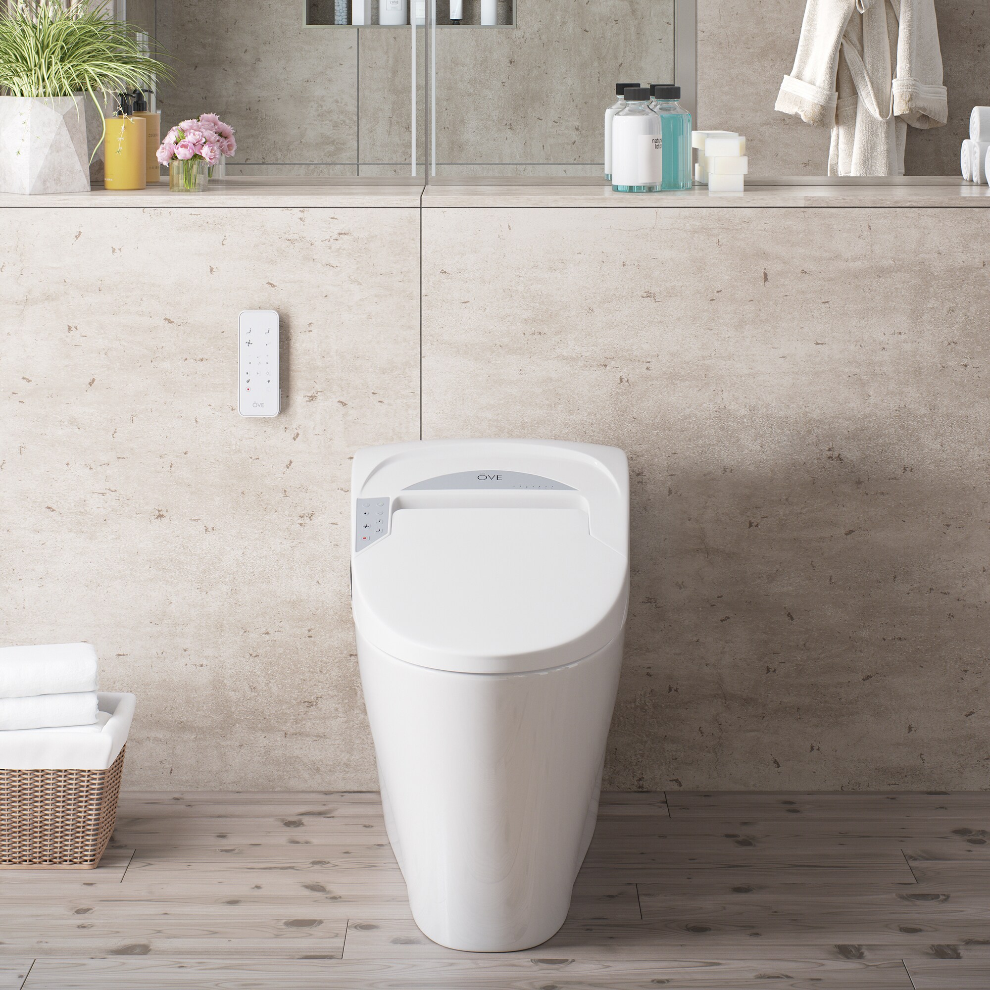 Sanitario alargado individual blanco OVE Decors con cierre suave inteligente, etiquetado WaterSense de 1.28 GPF y conexión de 12 pulgadas.