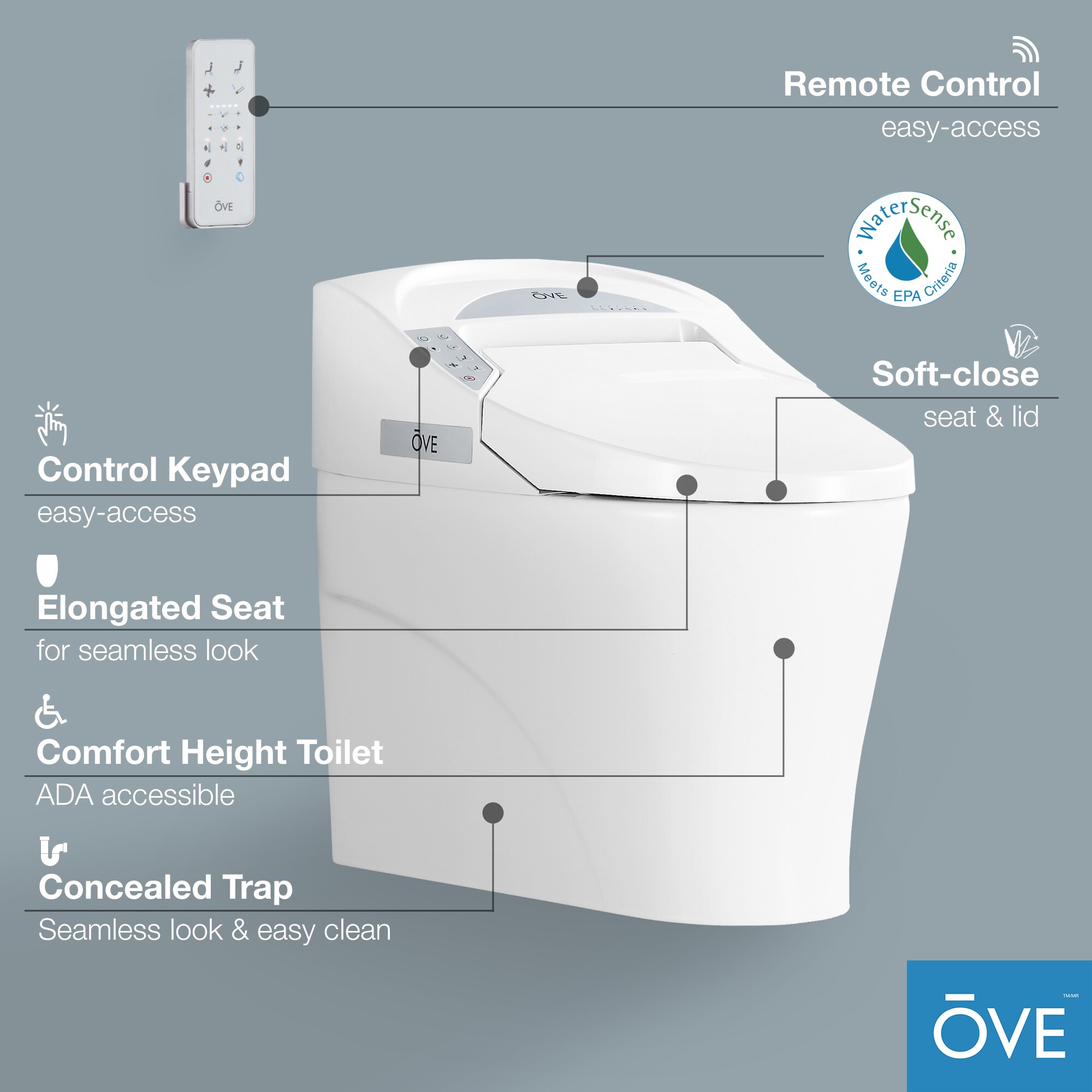 Sanitario alargado individual blanco OVE Decors con cierre suave inteligente, etiquetado WaterSense de 1.28 GPF y conexión de 12 pulgadas.