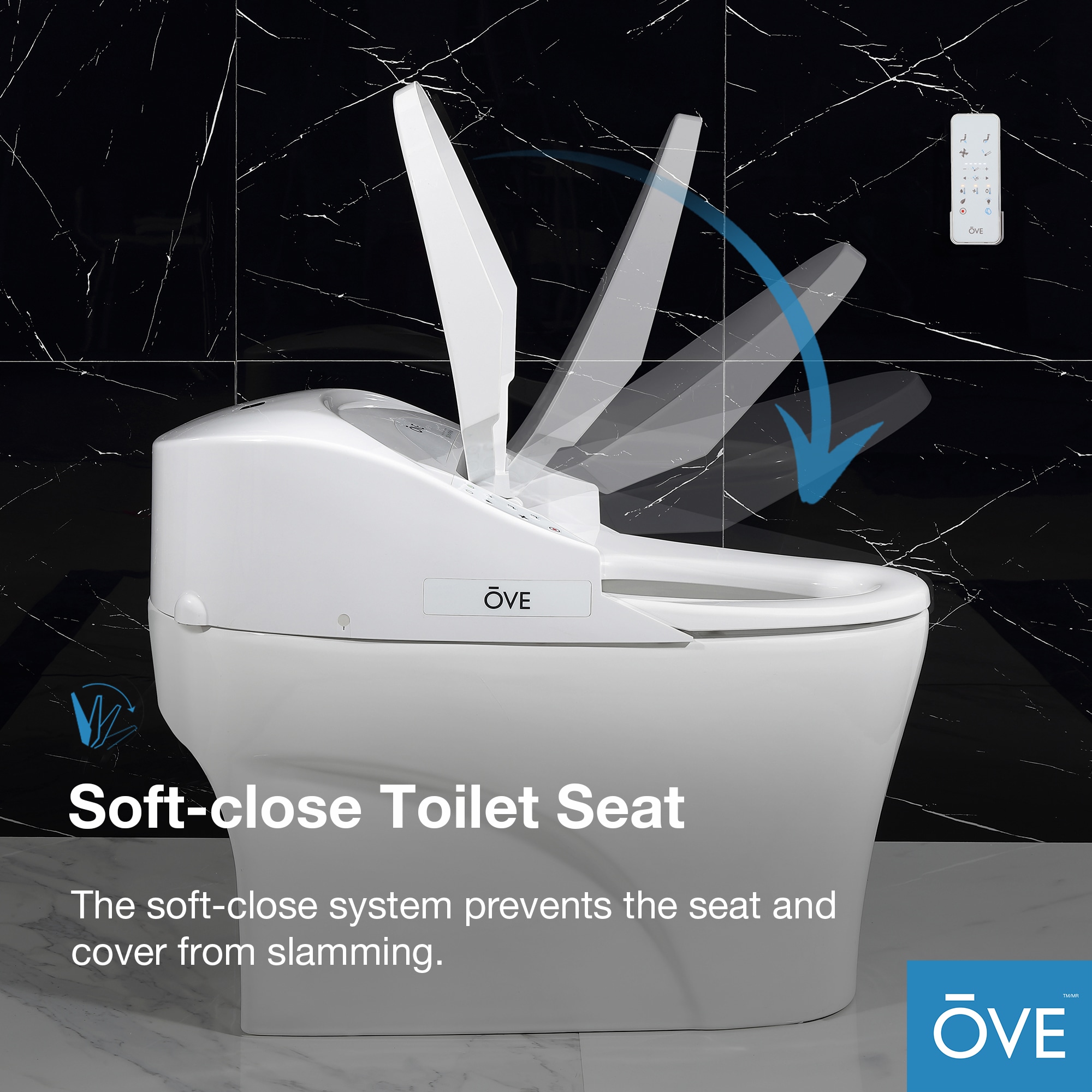 Sanitario alargado individual blanco OVE Decors con cierre suave inteligente, etiquetado WaterSense de 1.28 GPF y conexión de 12 pulgadas.