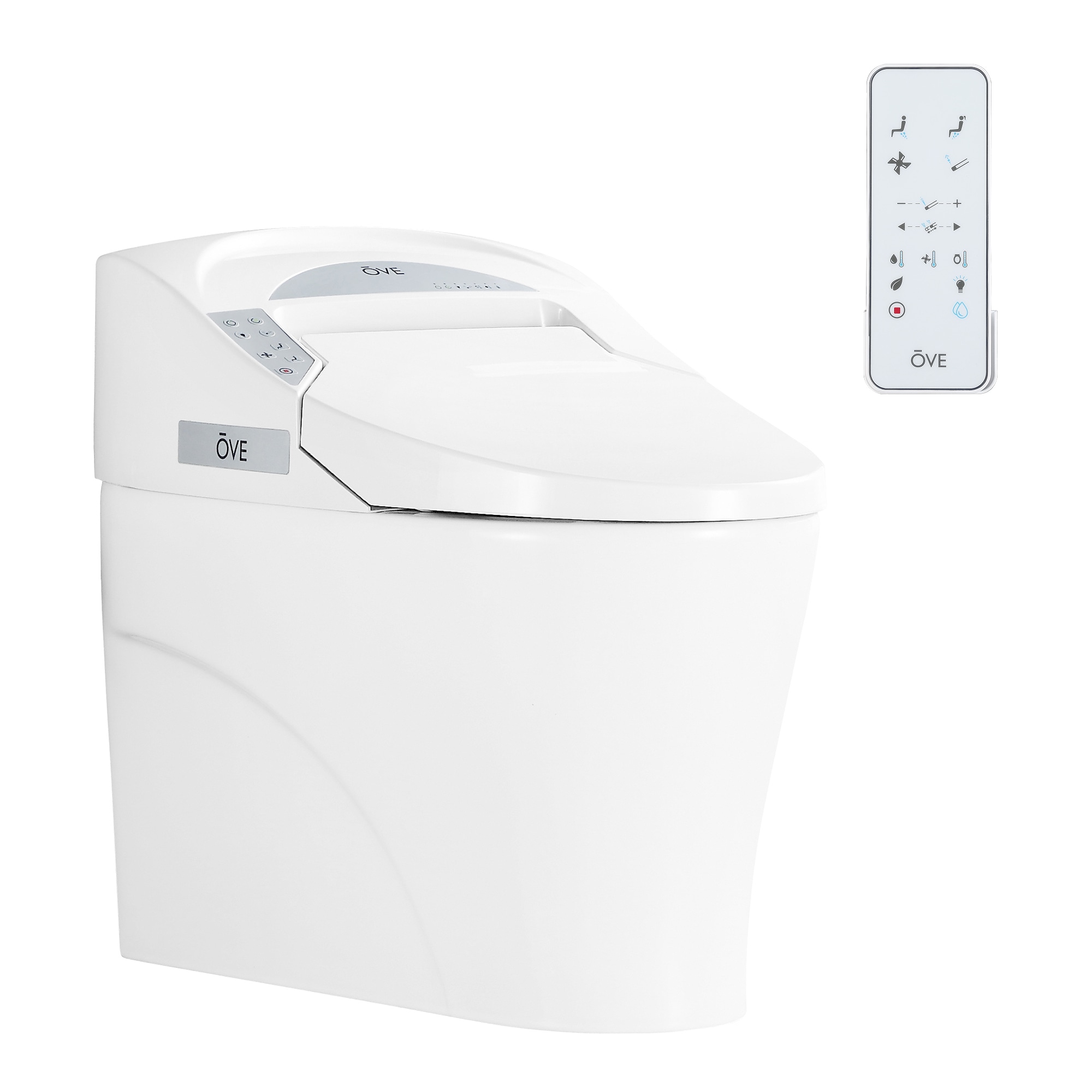 Sanitario alargado individual blanco OVE Decors con cierre suave inteligente, etiquetado WaterSense de 1.28 GPF y conexión de 12 pulgadas.