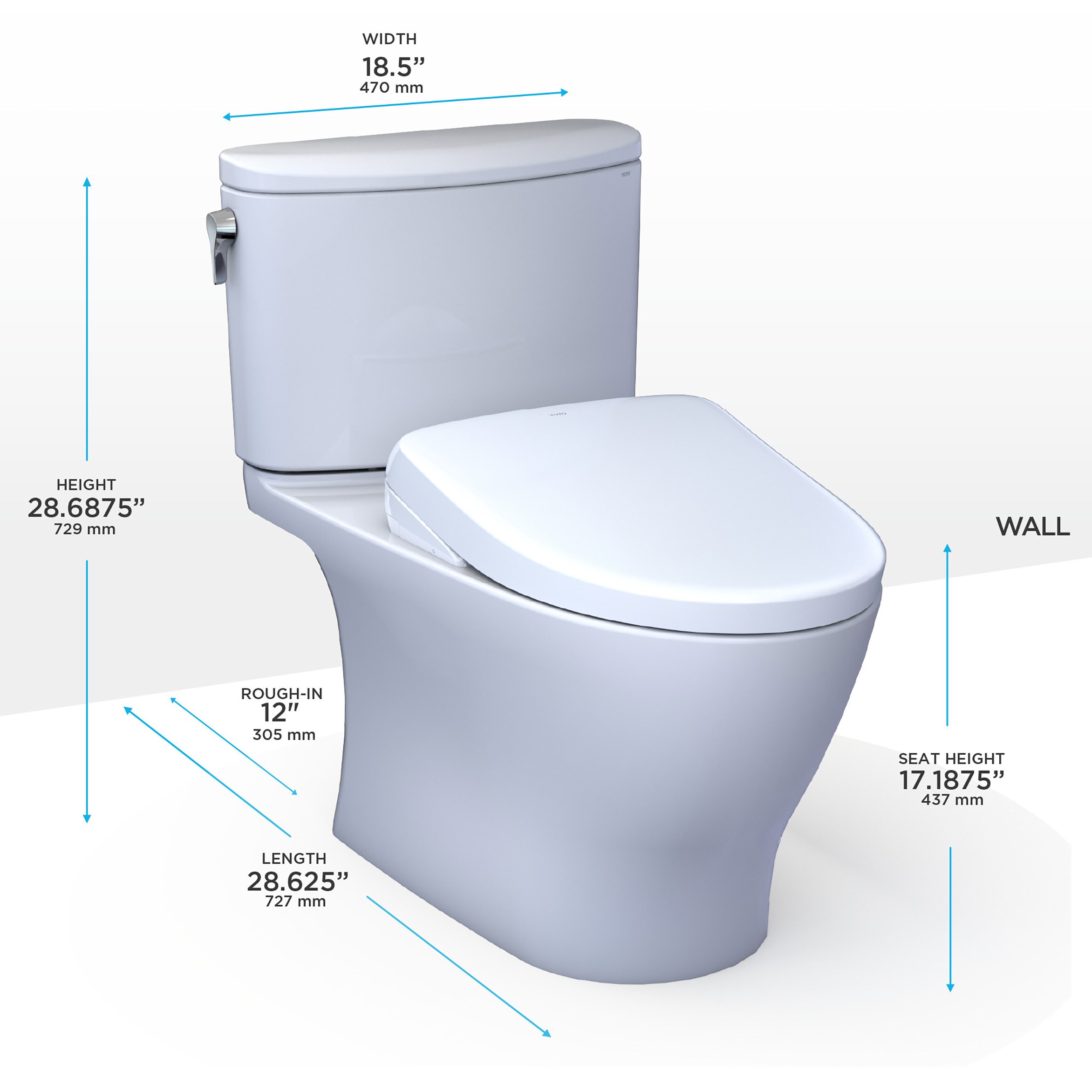 Bidet de una sola pieza alargado en color blanco de algodón TOTO Nexus, altura de silla, con descarga de 1.28 GPF y 12 pulgadas de rough-in.