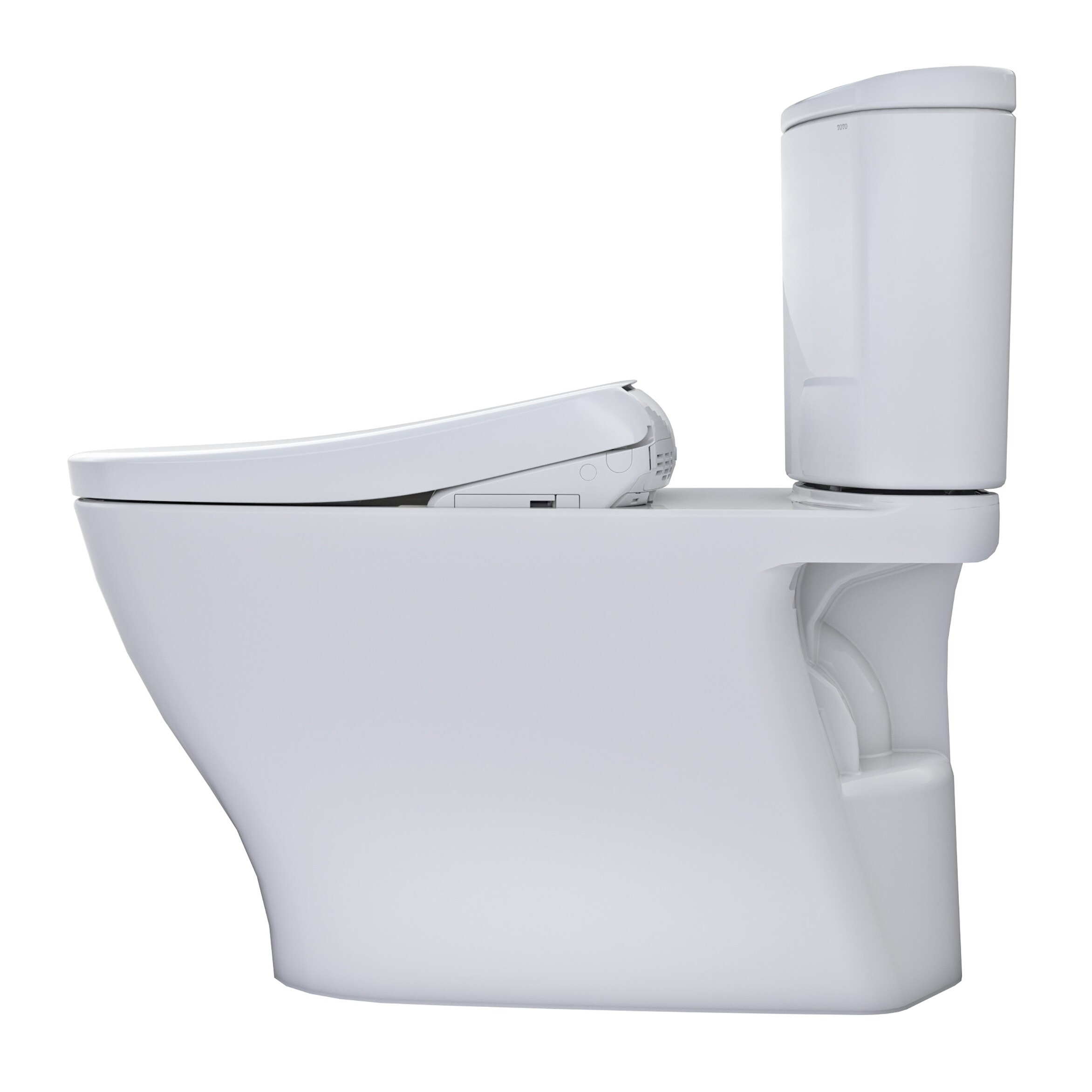 Bidet de una sola pieza alargado en color blanco de algodón TOTO Nexus, altura de silla, con descarga de 1.28 GPF y 12 pulgadas de rough-in.