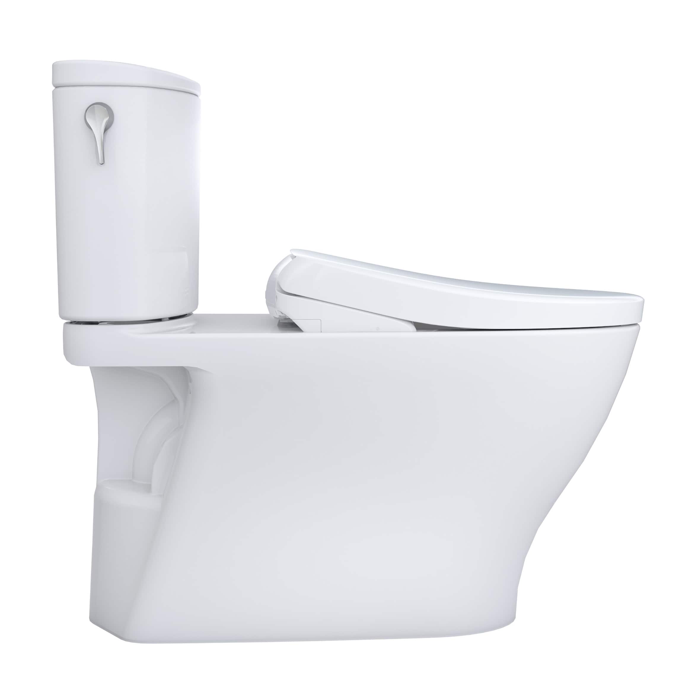 Bidet de una sola pieza alargado en color blanco de algodón TOTO Nexus, altura de silla, con descarga de 1.28 GPF y 12 pulgadas de rough-in.