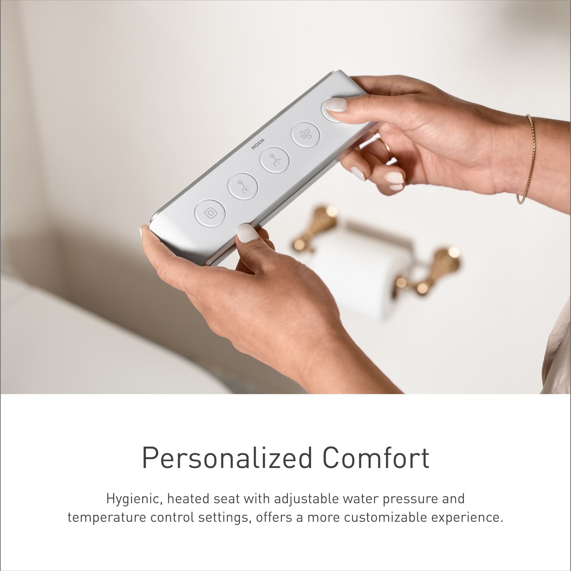 Bidet inteligente de una pieza con altura de silla alargada y cierre suave en color blanco de Moen