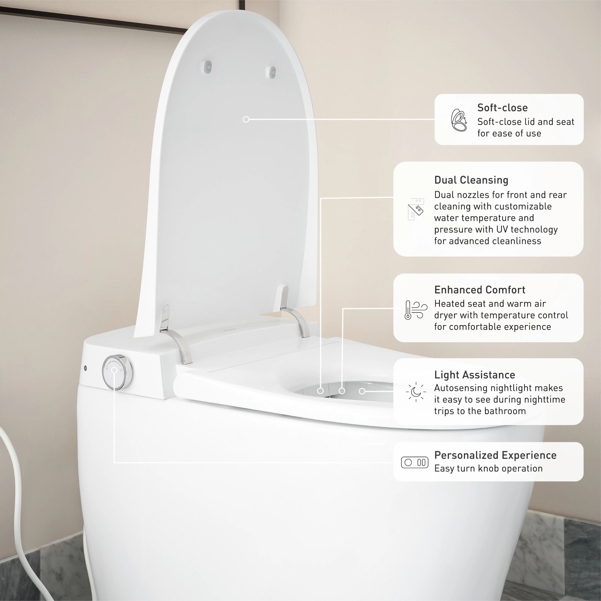 Bidet inteligente de una pieza con altura de silla alargada y cierre suave en color blanco de Moen